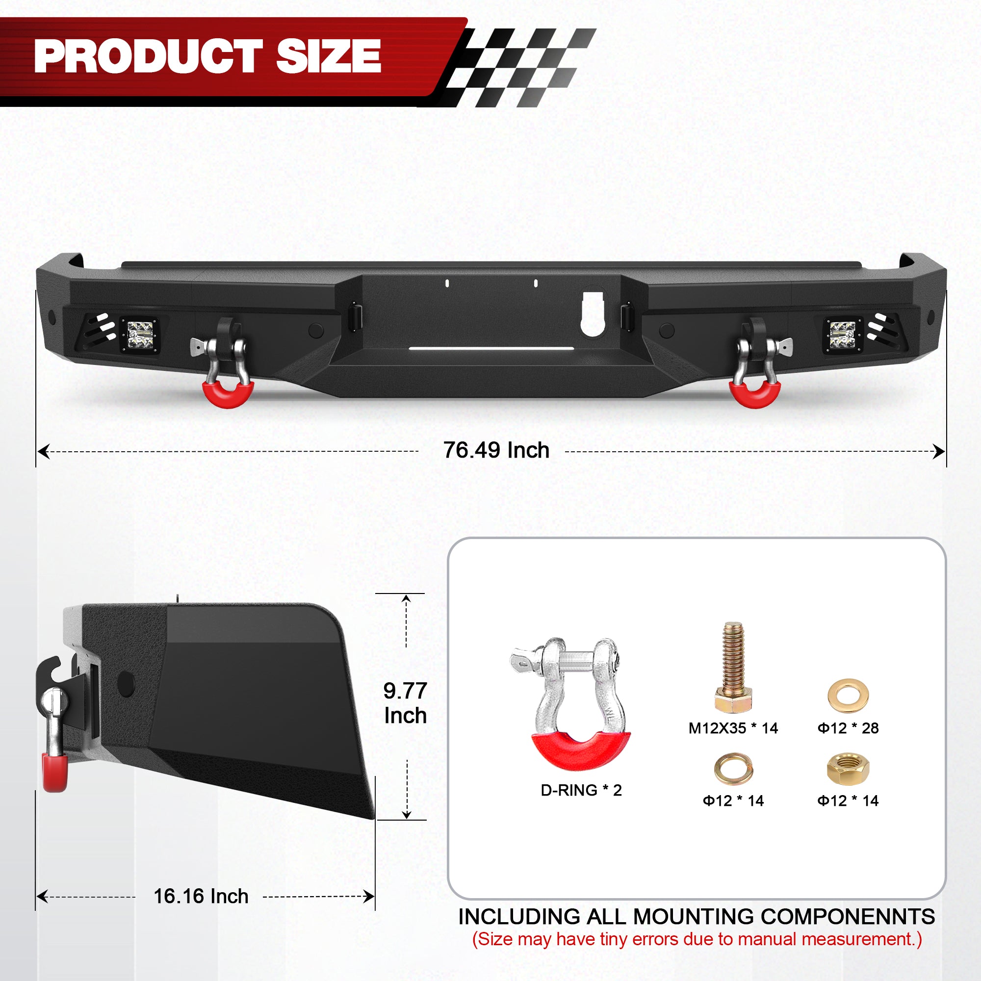 Off Road Rear Bumper Fit 2010-2018 Ram 2500 3500 Heavy Duty Bumper with Lights and D-rings