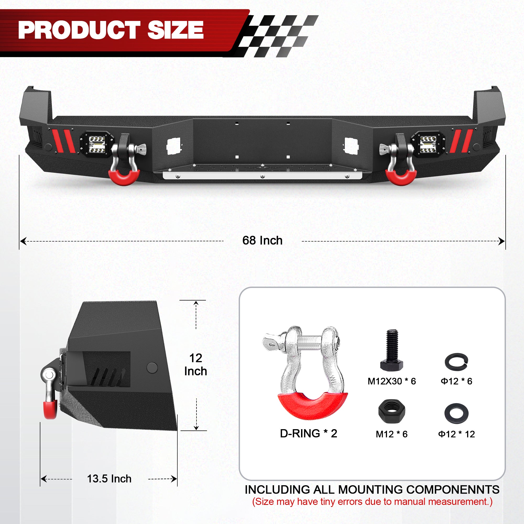 For 2005-2015 Toyota Tacoma 2nd Gen Steel New Rear Bumper With Lights & D-Rings (Black Texture)