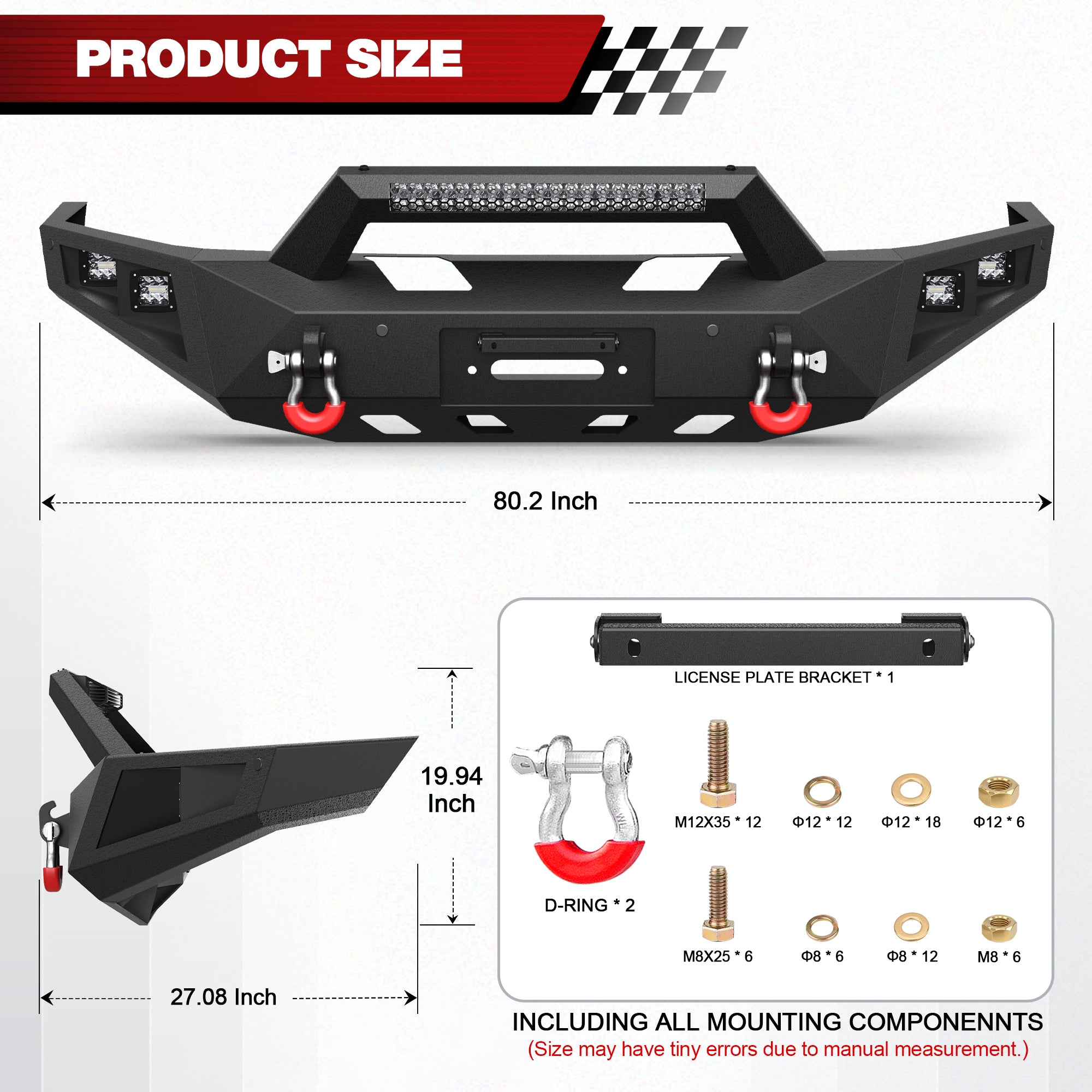 For Titan Pickup Truck Full Width Front Bumper Compatible with 2016-2025 Nissan Titan (Excluding Titan XD) with LED Lights, Winch Plate, Sensor Holes & D-rings