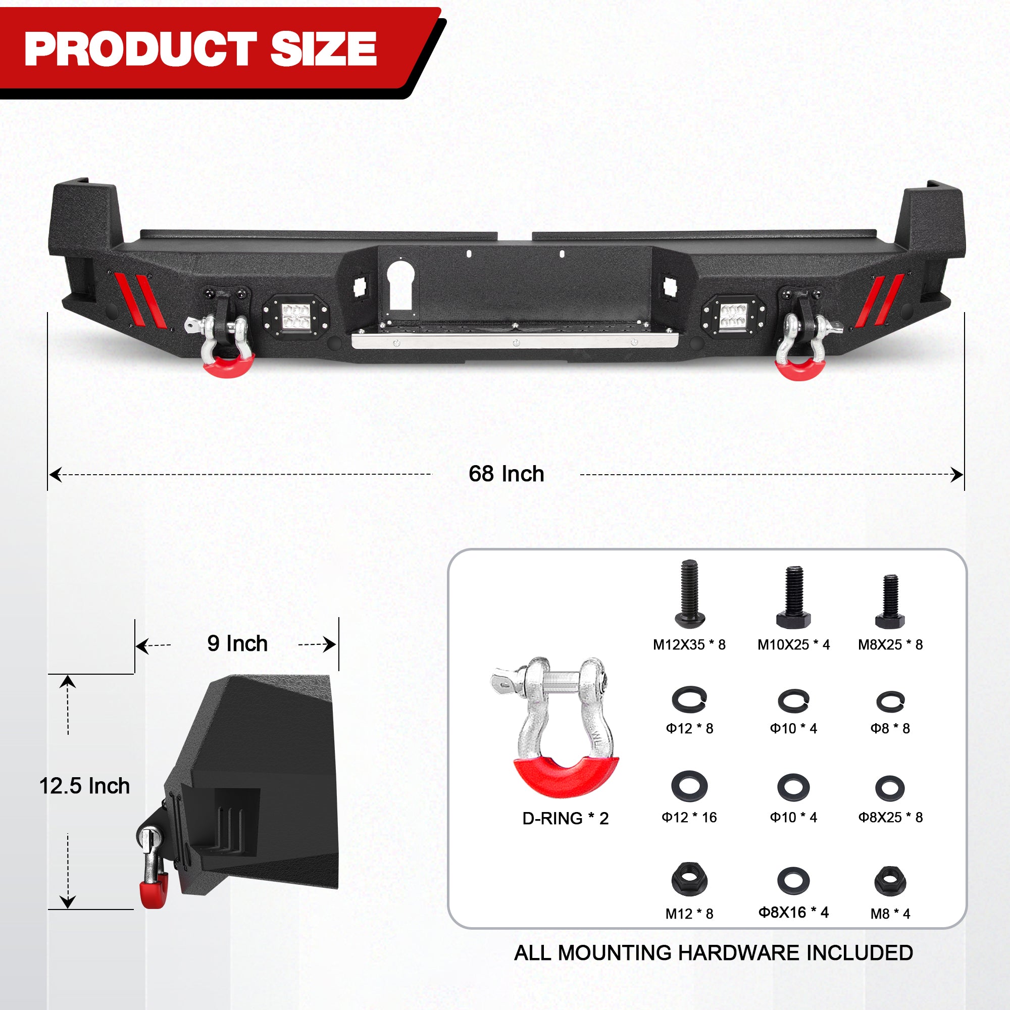 Tacoma Truck Rear Bumper Compatible with 2016-2023 Toyota Tacoma with Skid Plate, Lights & D-rings