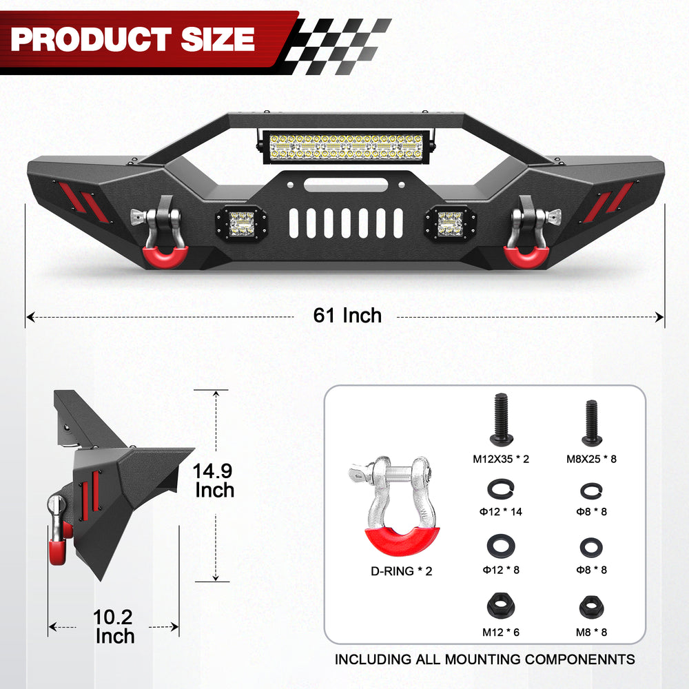 Front Bumper Compatible with 2007 - 2018 Jeep Wrangler JK JKU, 2019 - 2024 Jeep Wrangler JL/JLU & 2020 - 2024 Jeep Gladiator JT W/Winch Plate & Lights D - rings - Longsunmotor