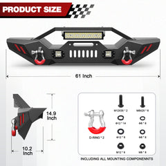 Front Bumper Compatible with 2007 - 2018 Jeep Wrangler JK JKU, 2019 - 2024 Jeep Wrangler JL/JLU & 2020 - 2024 Jeep Gladiator JT W/Winch Plate & Lights D - rings - Longsunmotor
