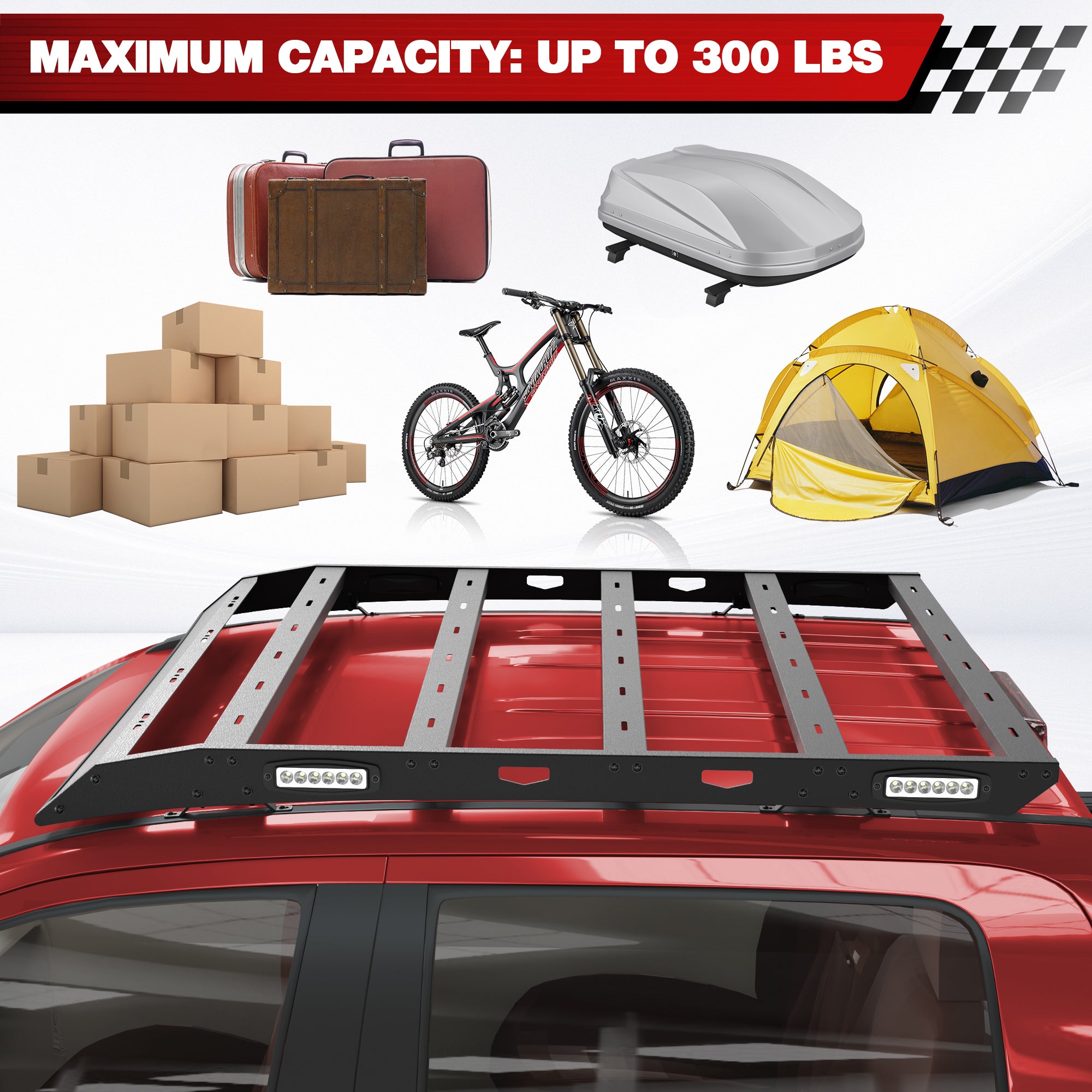 Roof Rack Cargo Basket Compatible with 2007-2021 Toyota Tundra Crew Max Cab with Side LED Lights Rooftop Truck Cargo Carrier