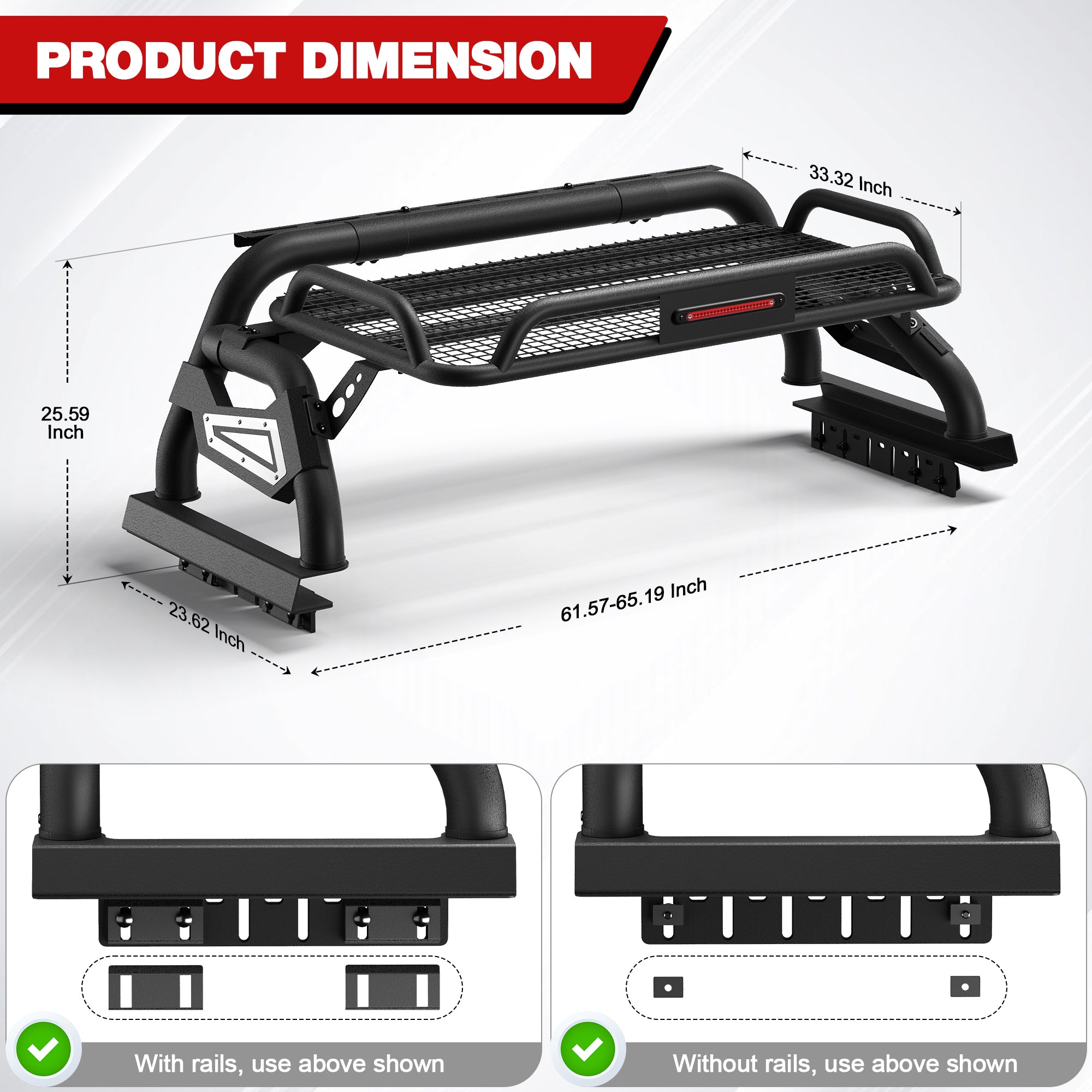 Longsun Truck Roll Bar with Basket for Full - Size Pickup Truck Headache Racks Compatible with Ford F150/250/350, Silverado, Sierra, Ram, Titan, Tundra - Longsunmotor