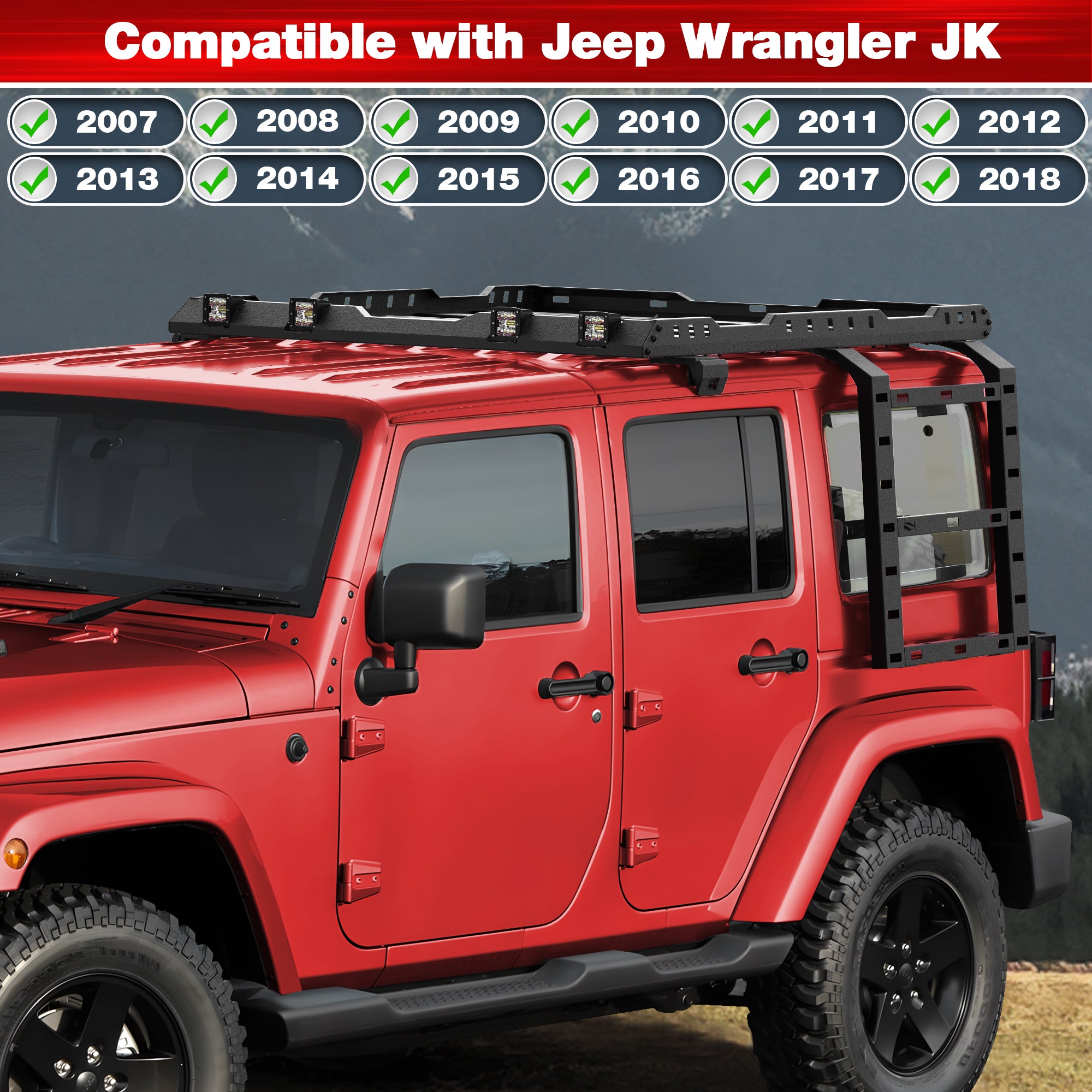 for JK Roof Rack Hard Top Cargo Basket with Ladder & 4 LED Lights Compatible with 2007-2018 Jeep Wrangler JK JKU Unlimited 4 Doors