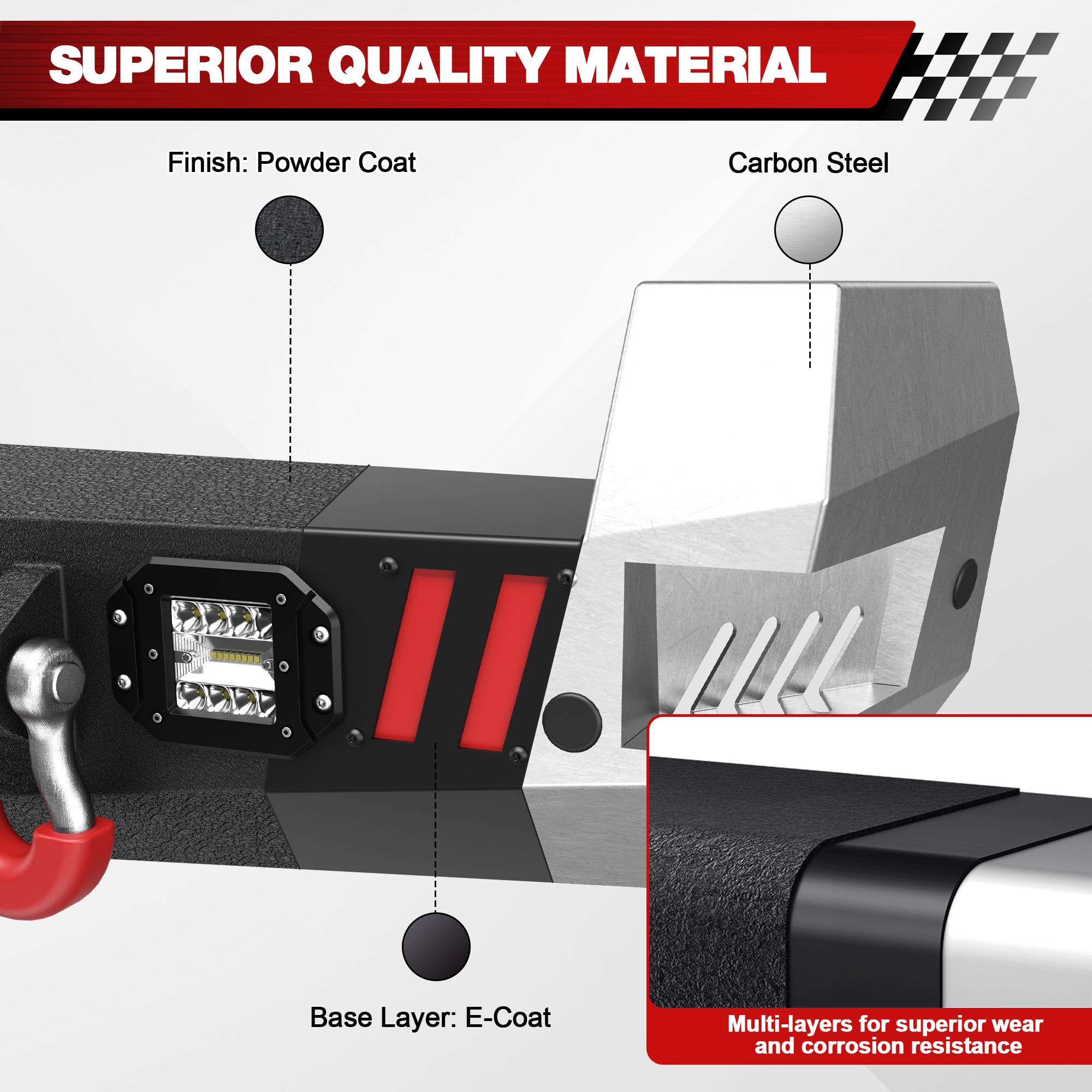 For 2005-2015 Toyota Tacoma 2nd Gen Steel New Rear Bumper With Lights & D-Rings (Black Texture)