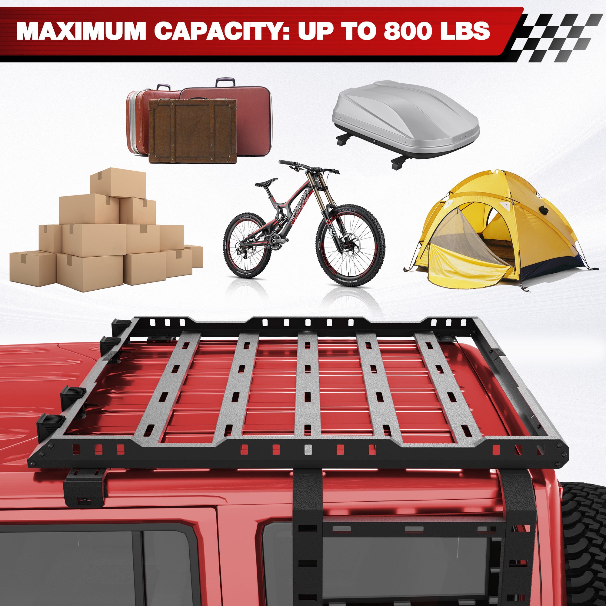 for JK Roof Rack Hard Top Cargo Basket with Ladder & 4 LED Lights Compatible with 2007-2018 Jeep Wrangler JK JKU Unlimited 4 Doors