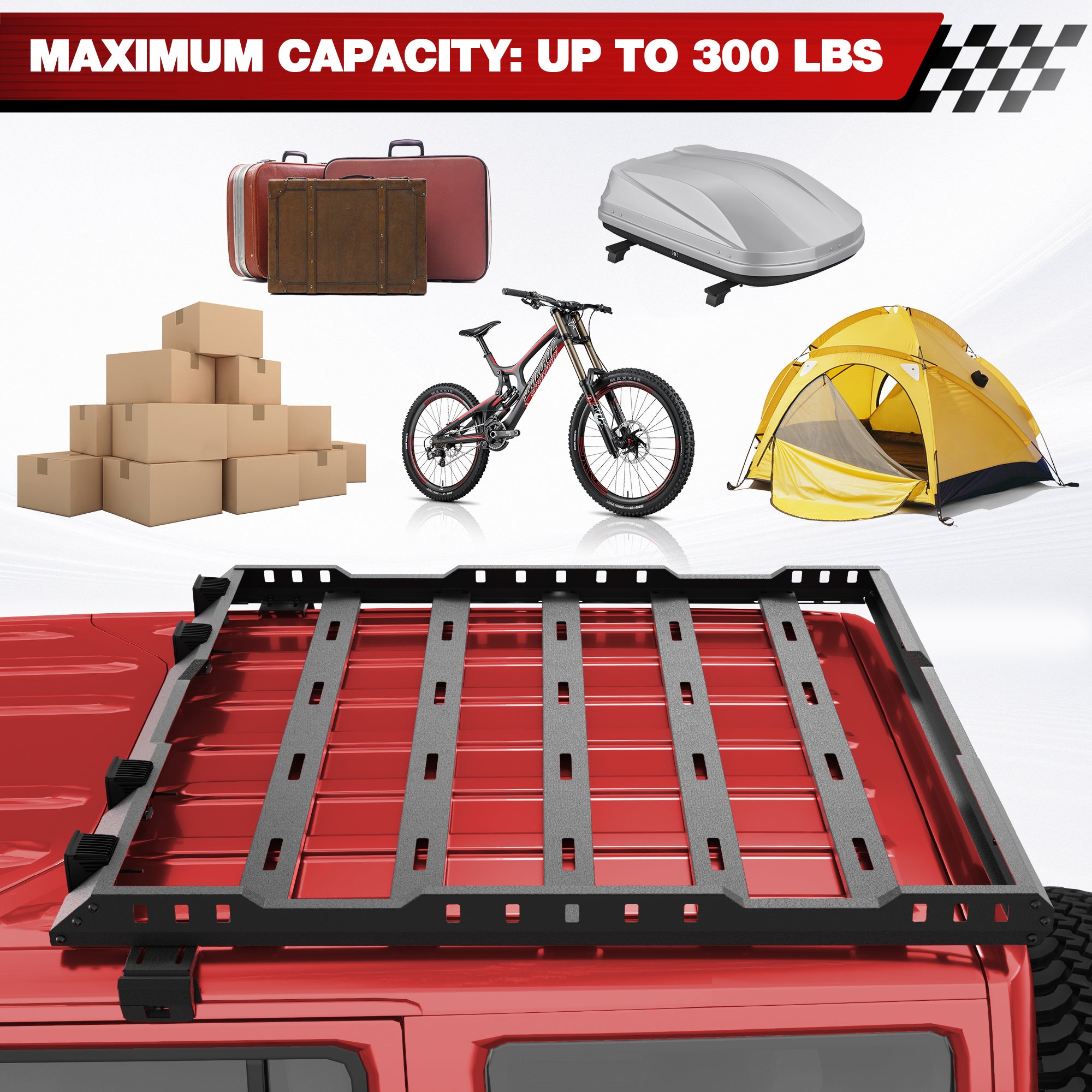 Roof Rack Cargo Basket with LED Light Bar Compatible with 2007-2018 Wrangler JK Unlimited Luggage Rooftop Storage Carrier