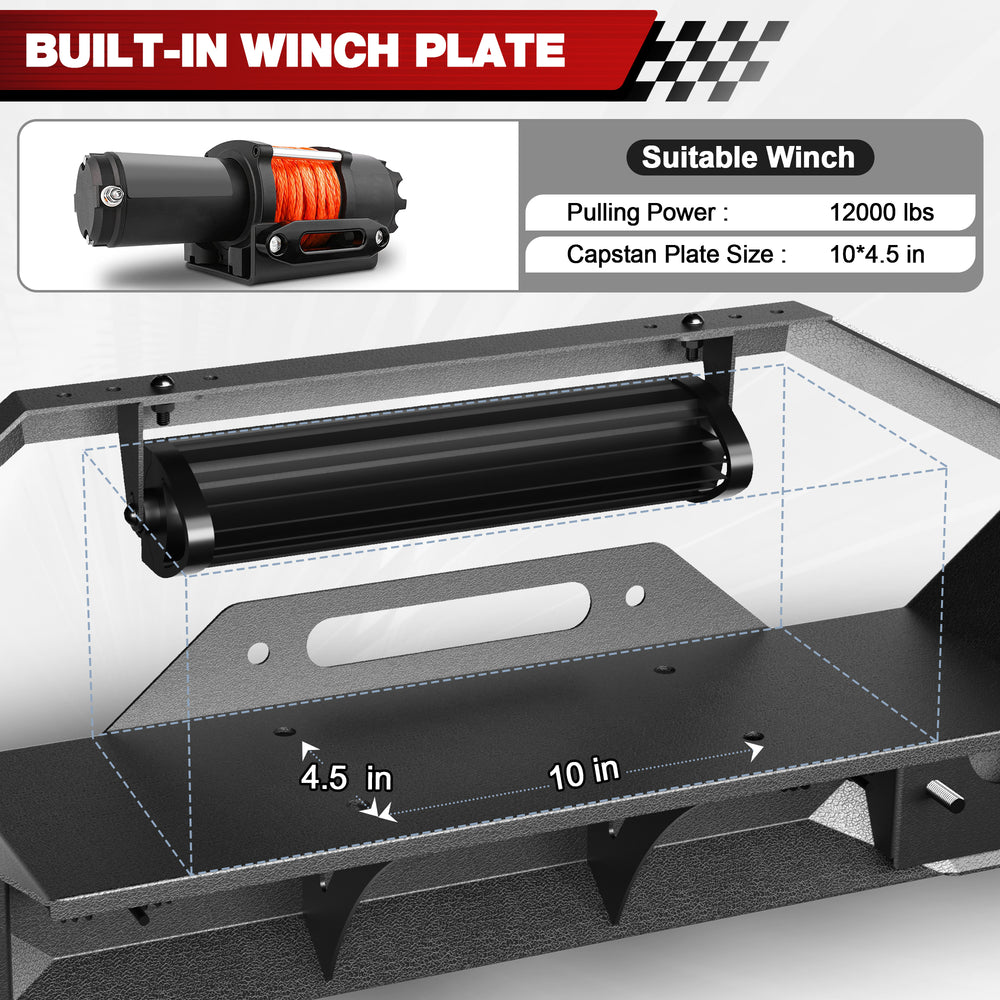 Front Bumper Compatible with 2007 - 2018 Jeep Wrangler JK JKU, 2019 - 2024 Jeep Wrangler JL/JLU & 2020 - 2024 Jeep Gladiator JT W/Winch Plate & Lights D - rings - Longsunmotor