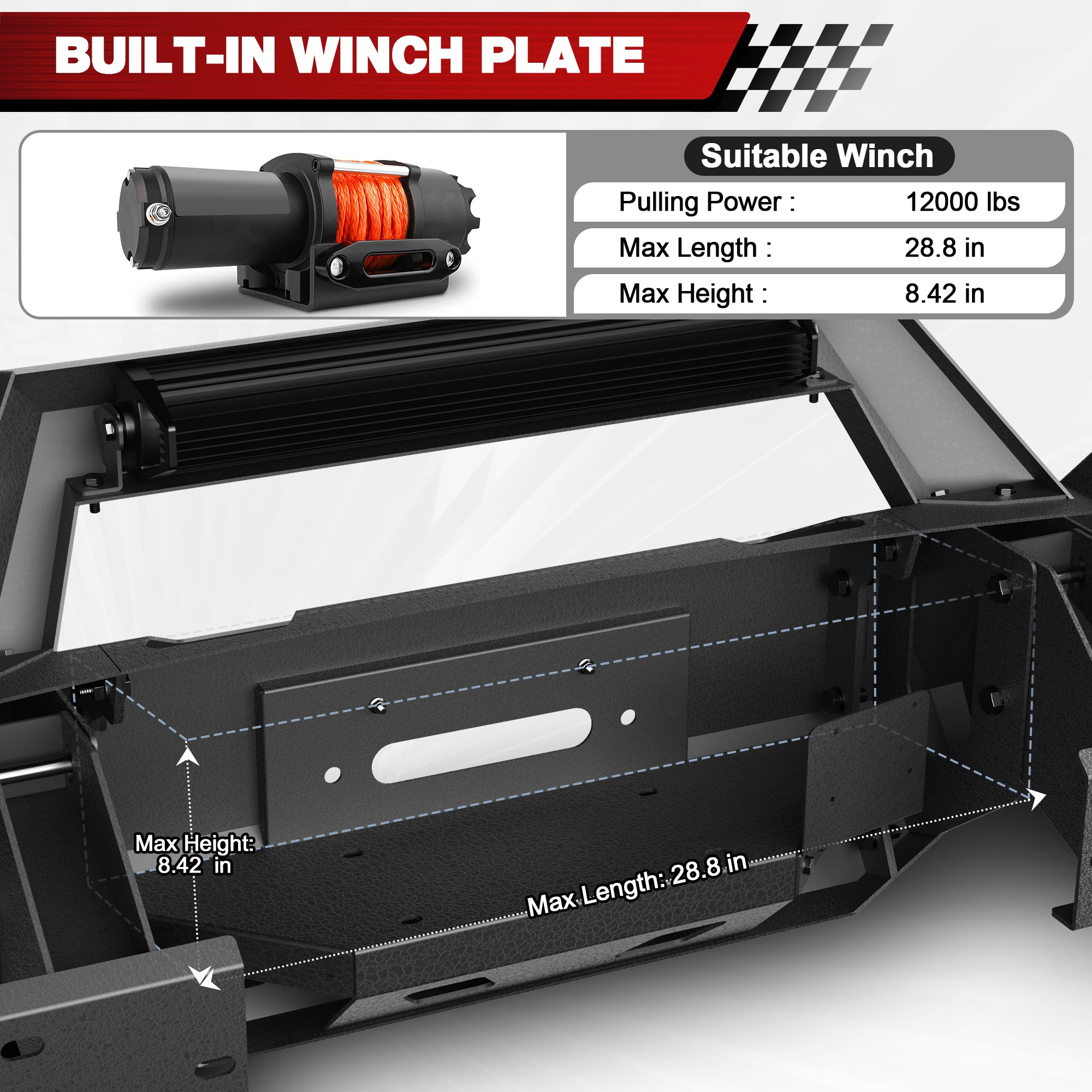 Tacoma Front Bumper Assembly Compatible with 2016-2017-2018-2019-2020-2021-2022-2023 Toyota Tacoma 3rd Gen w/LED Light & D-ring & Winch Plate