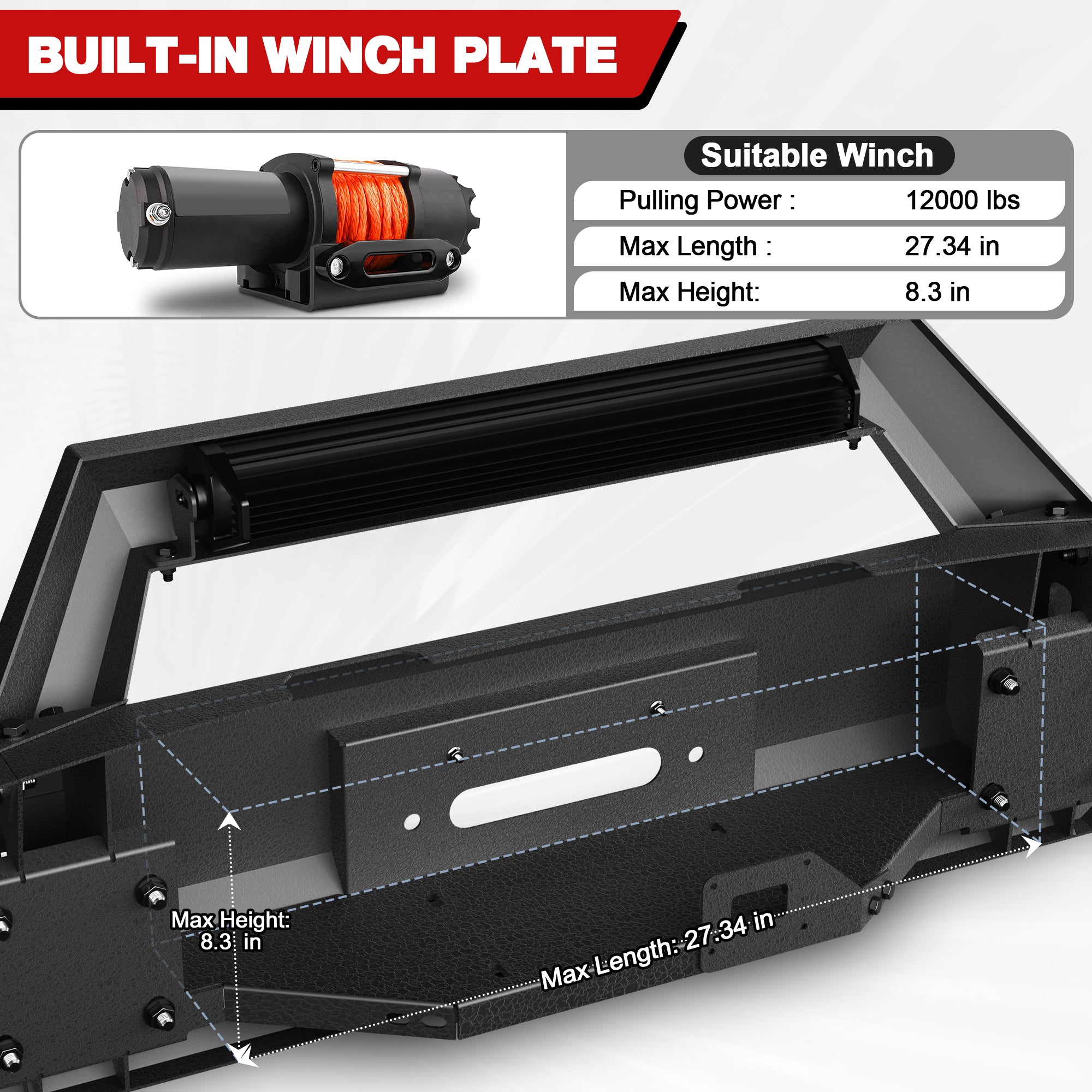 for Ram 1500 Front Bumper Compatible with 2009 2010 2011 2012 Dodge Ram 1500 Pickup Truck Bumper with Winch Plate, Sensor Holes & D-rings, Black