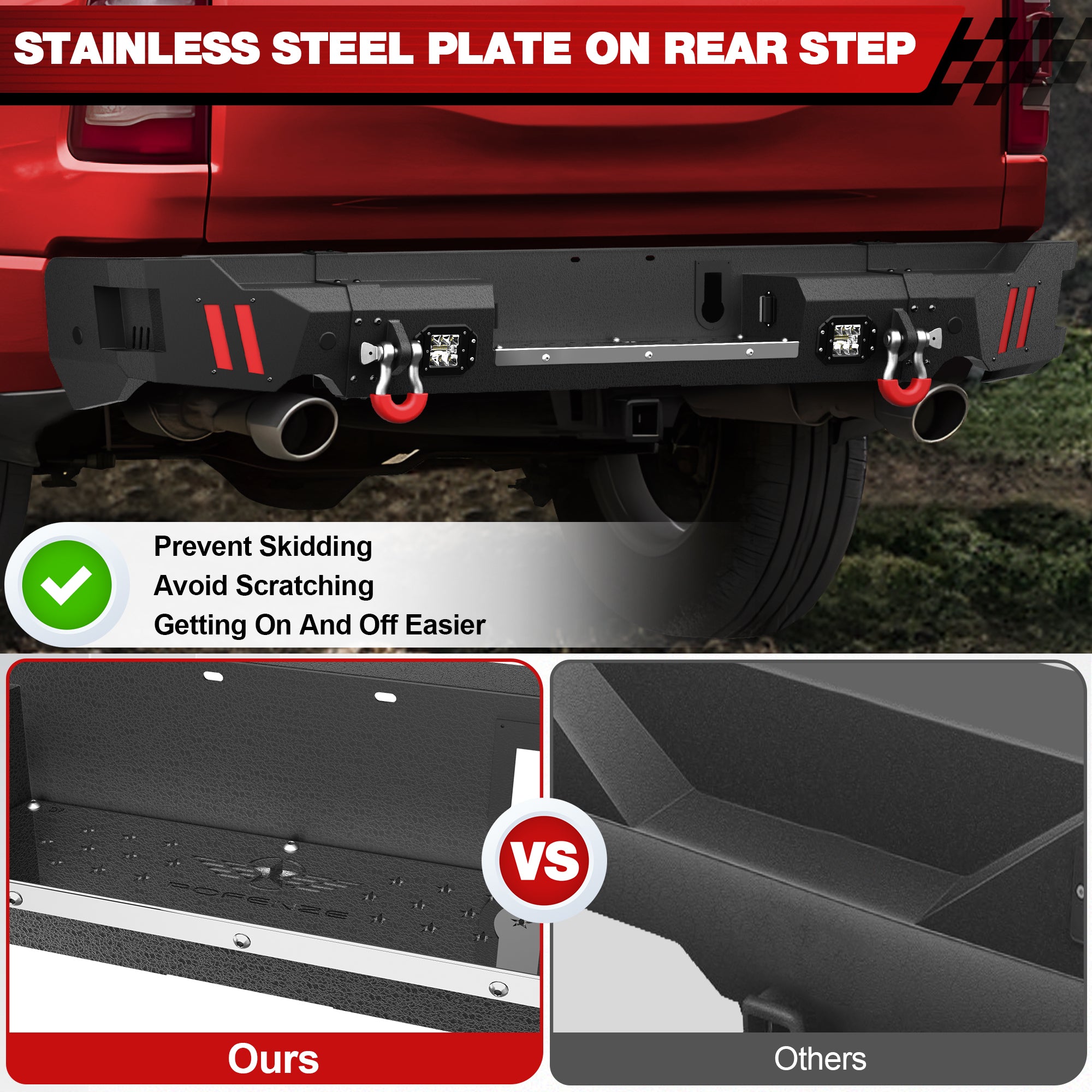 Ram Rear Bumper for 2019 2020 2021 2022 2023 2024 2025 Ram 1500 Solid Steel Offroad Back Bumper w/LED Lights (Exclude Classic) - Longsunmotor