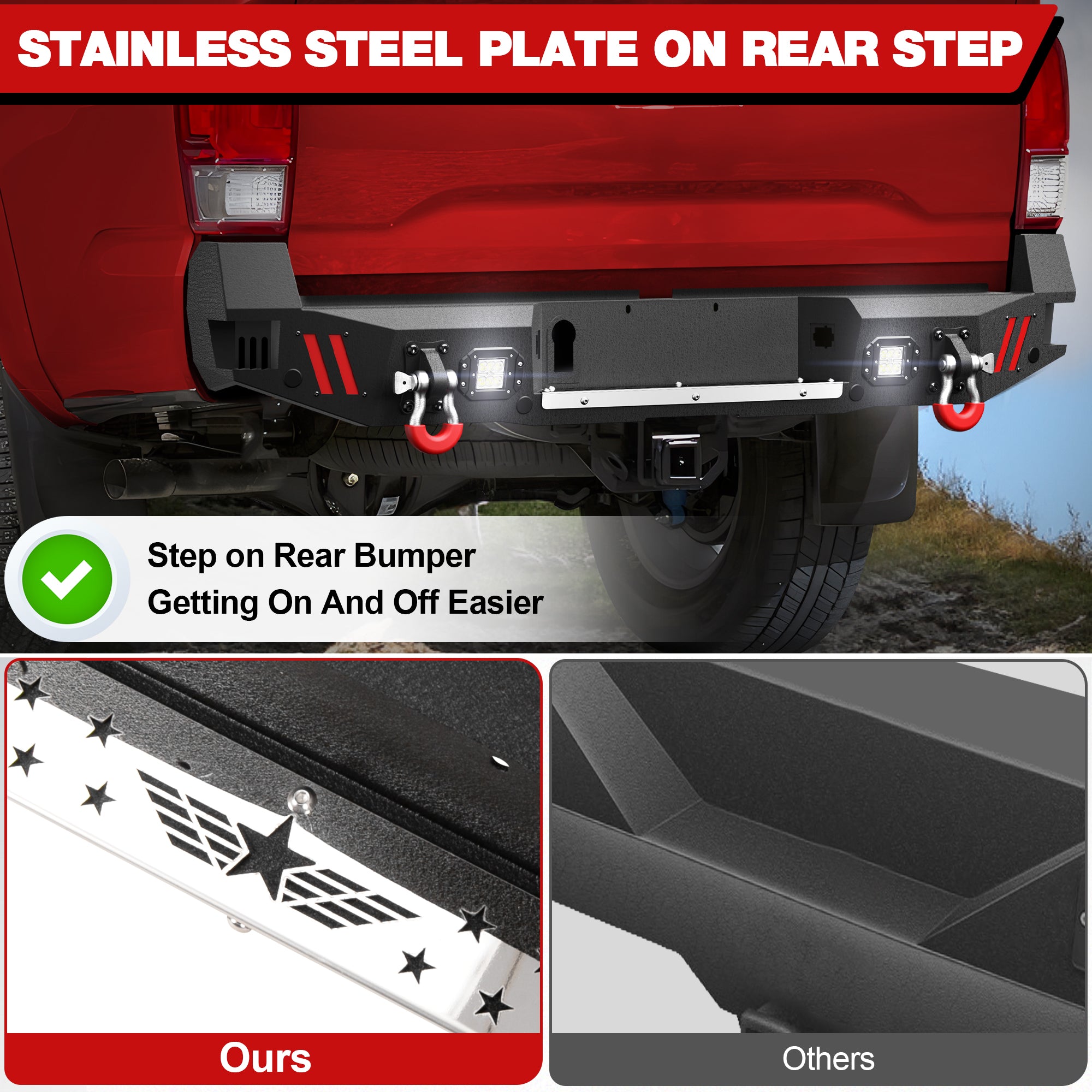 Tacoma Truck Rear Bumper Compatible with 2016-2023 Toyota Tacoma with Skid Plate, Lights & D-rings