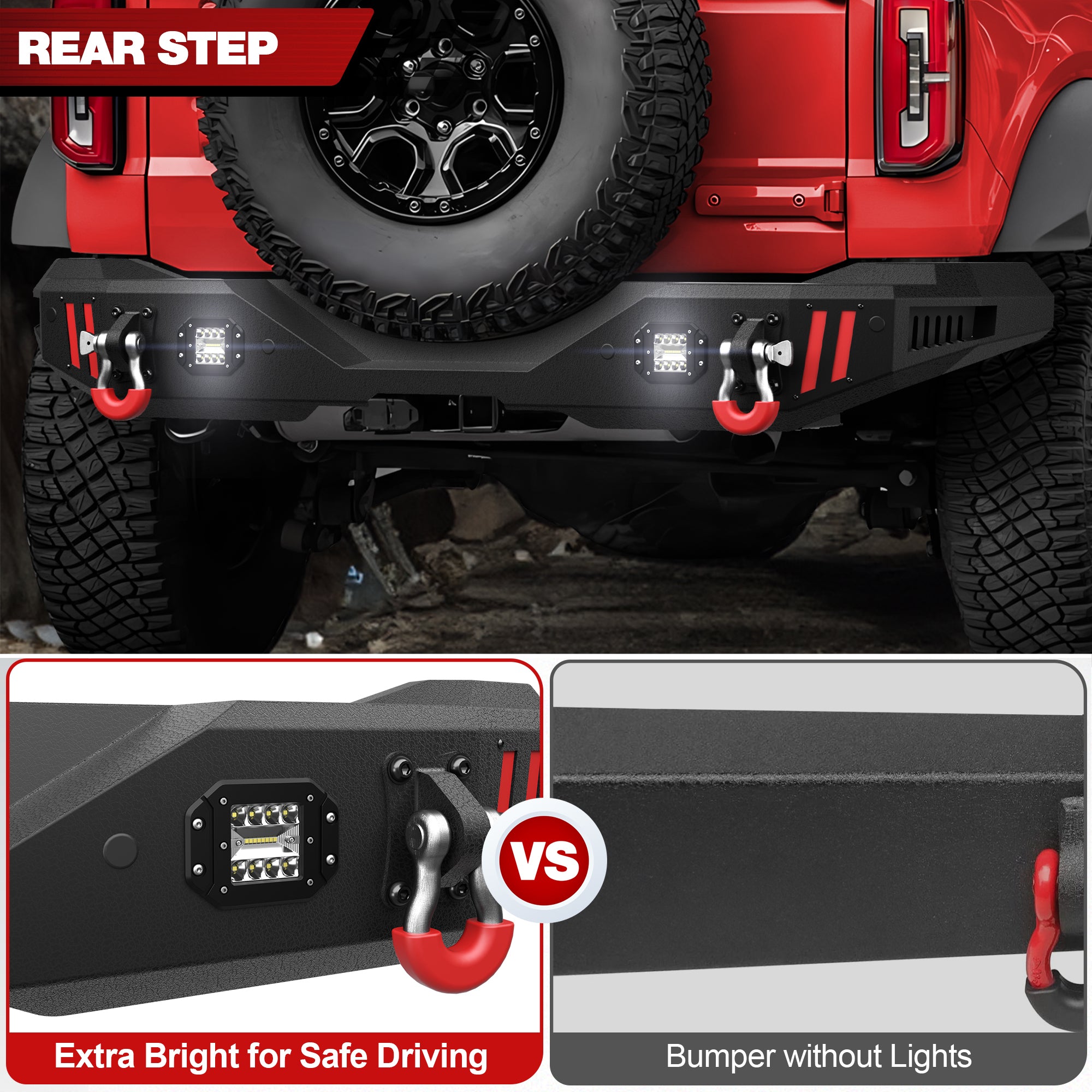 Off Road Bronco Rear Bumper Fit for Ford Bronco 2021 2022 2023 2024 2025 (Not for Sport or Raptor) Full Width Steel Rear Bumper with Lights and D-rings