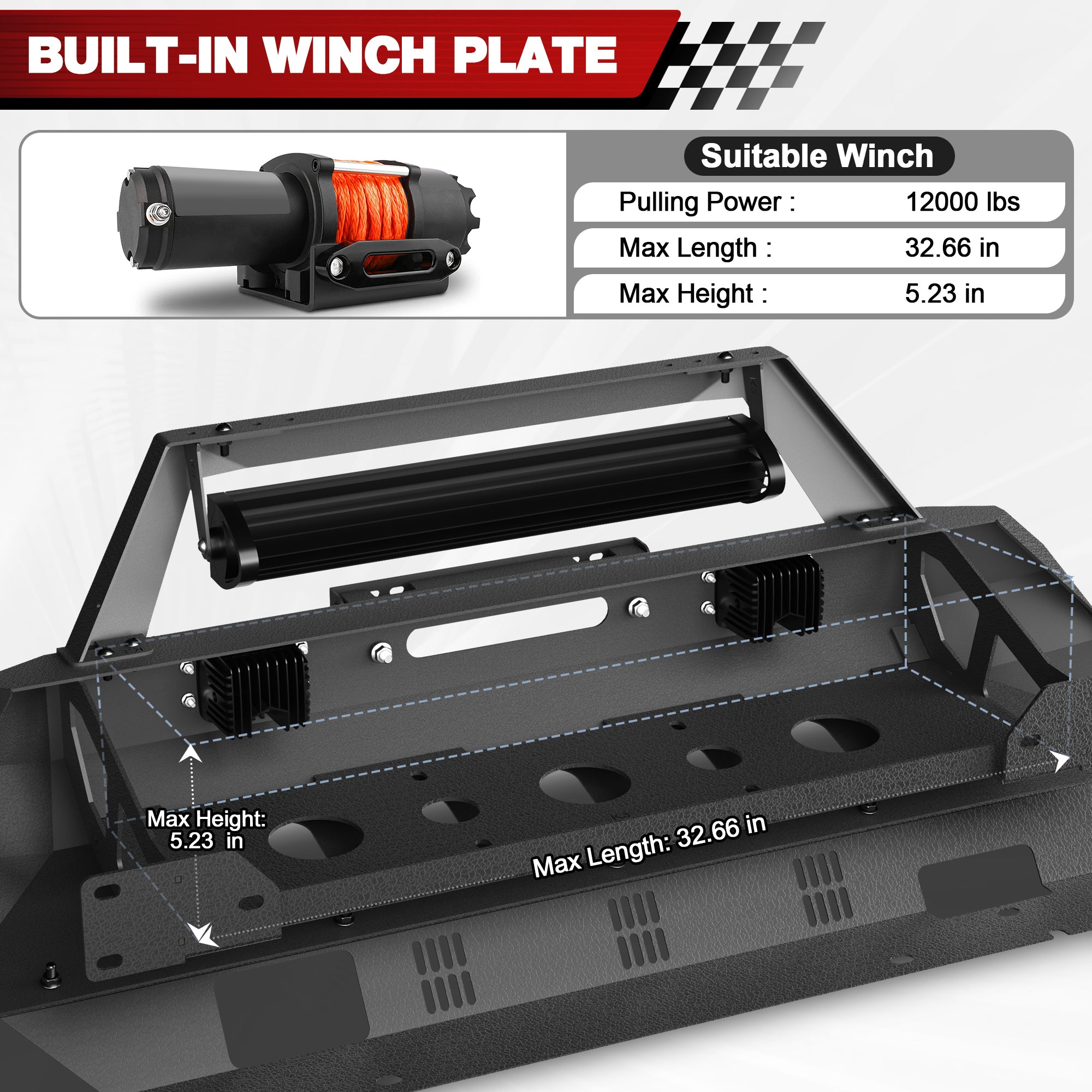 Front Stubby Bumper Compatible for 2016 2017 2018 2019 2020 2021 2022 2023 Toyota Tacoma 3rd Gen with Winch Plate, Skid Plate, LED Lights & D-rings