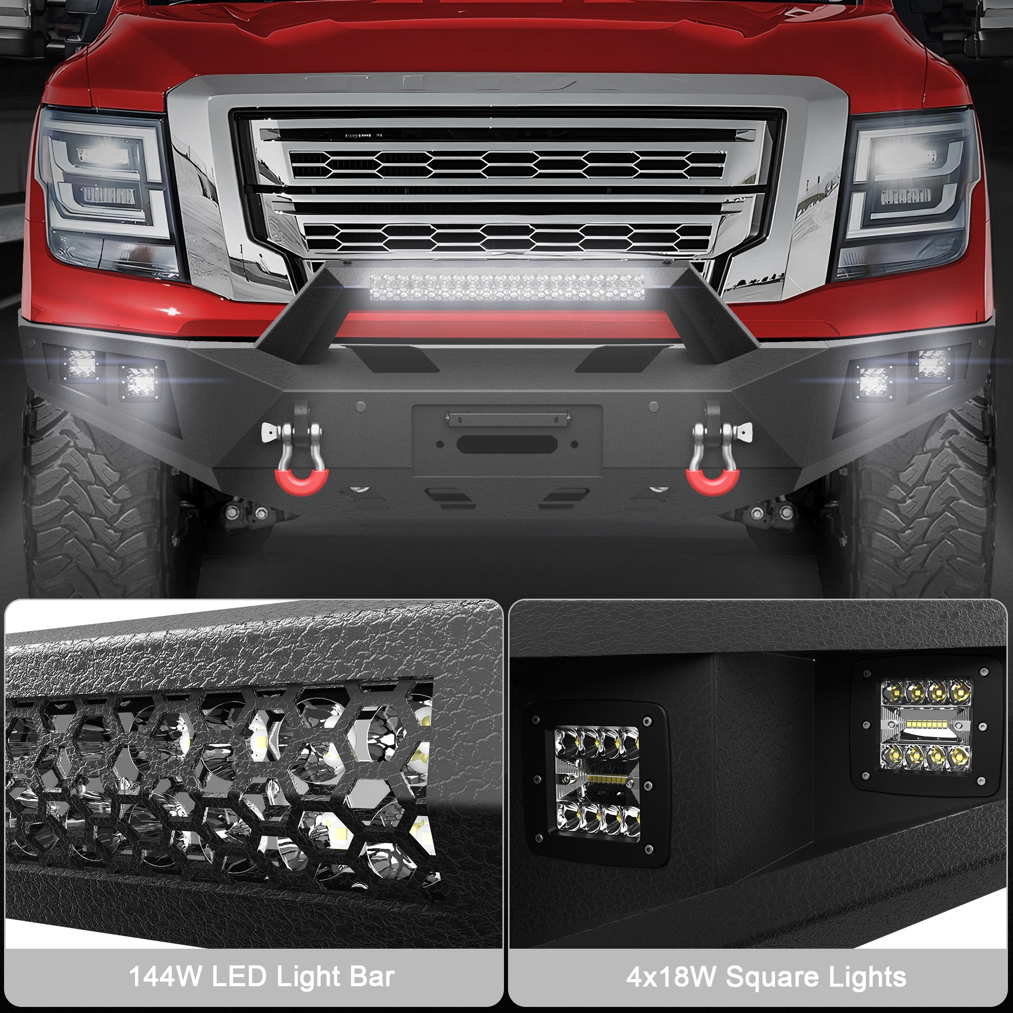 For Titan Pickup Truck Full Width Front Bumper Compatible with 2016-2025 Nissan Titan (Excluding Titan XD) with LED Lights, Winch Plate, Sensor Holes & D-rings