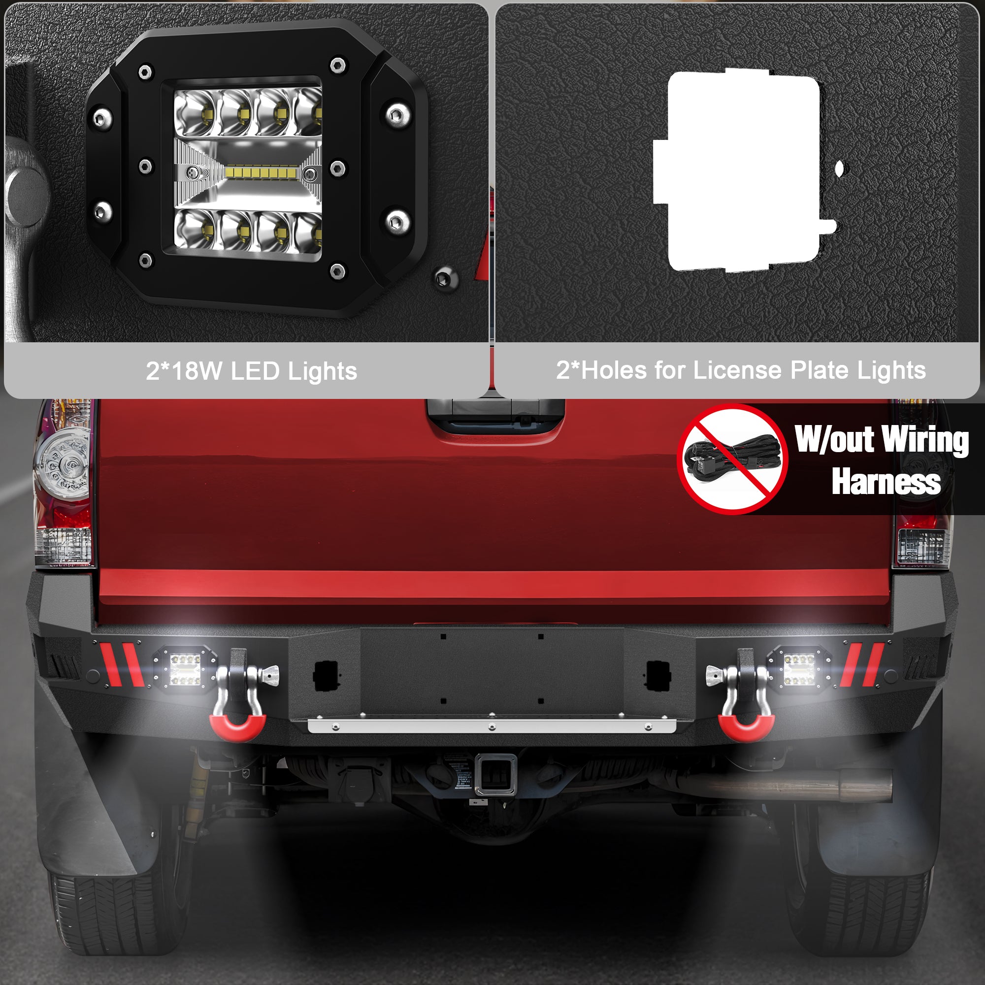 For 2005-2015 Toyota Tacoma 2nd Gen Steel New Rear Bumper With Lights & D-Rings (Black Texture)