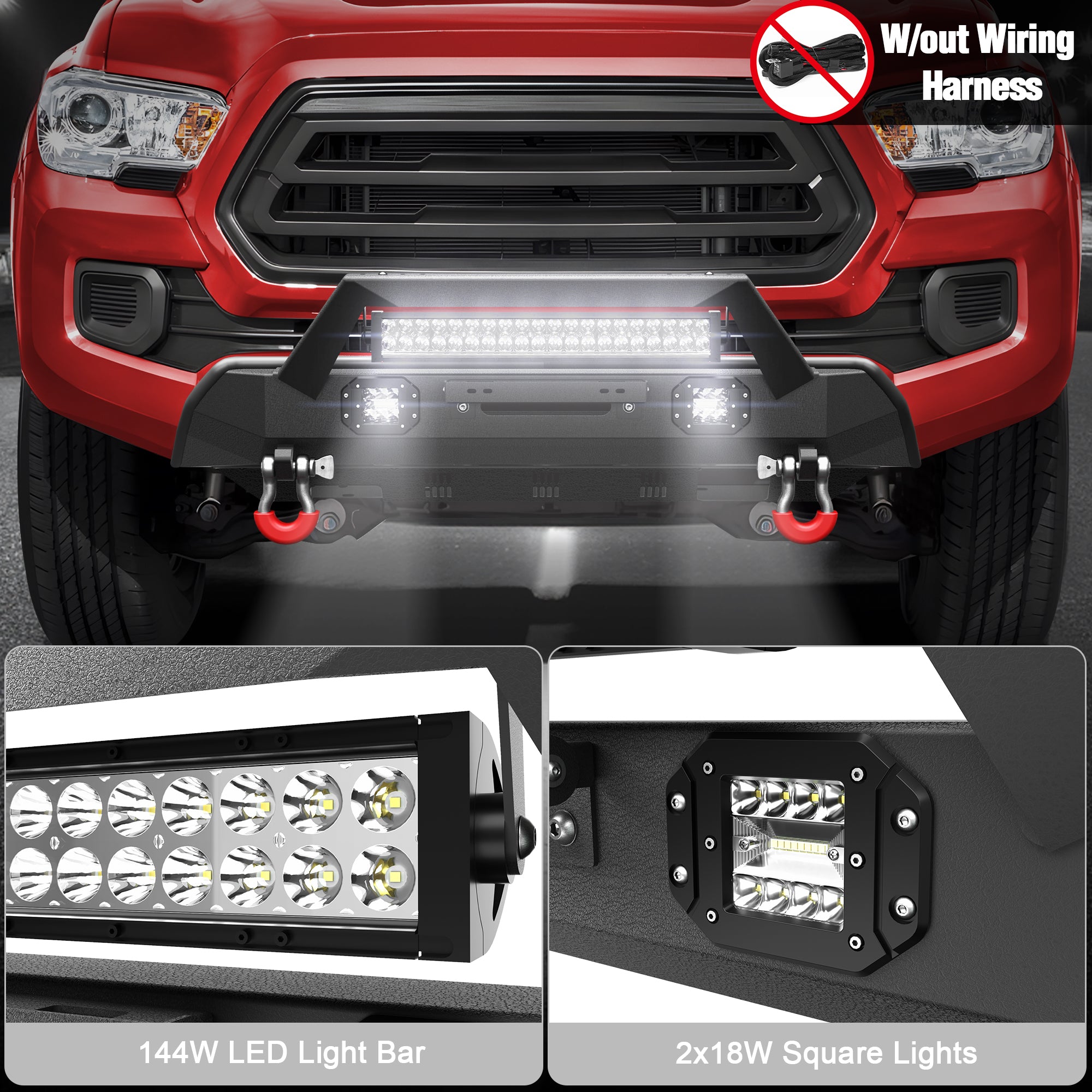 Front Stubby Bumper Compatible for 2016 2017 2018 2019 2020 2021 2022 2023 Toyota Tacoma 3rd Gen with Winch Plate, Skid Plate, LED Lights & D-rings