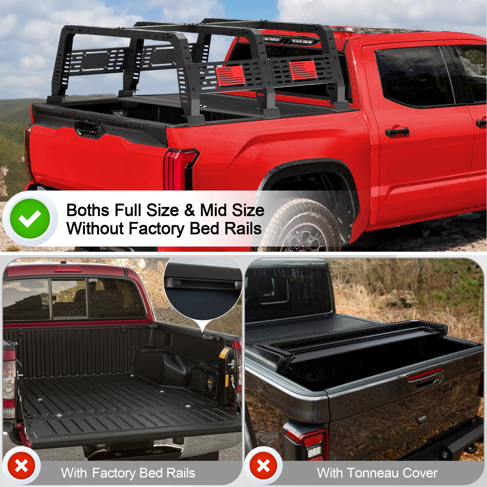 Overland Truck Bed Rack for Full-Size Trucks Compatible with 2002-2025 Dodge Ram 1500, 2014-2025 Chevy Silverado 1500, 2007-2013 Tundra Heavy-Duty Steel Truck Rack without Factory Bed Rails