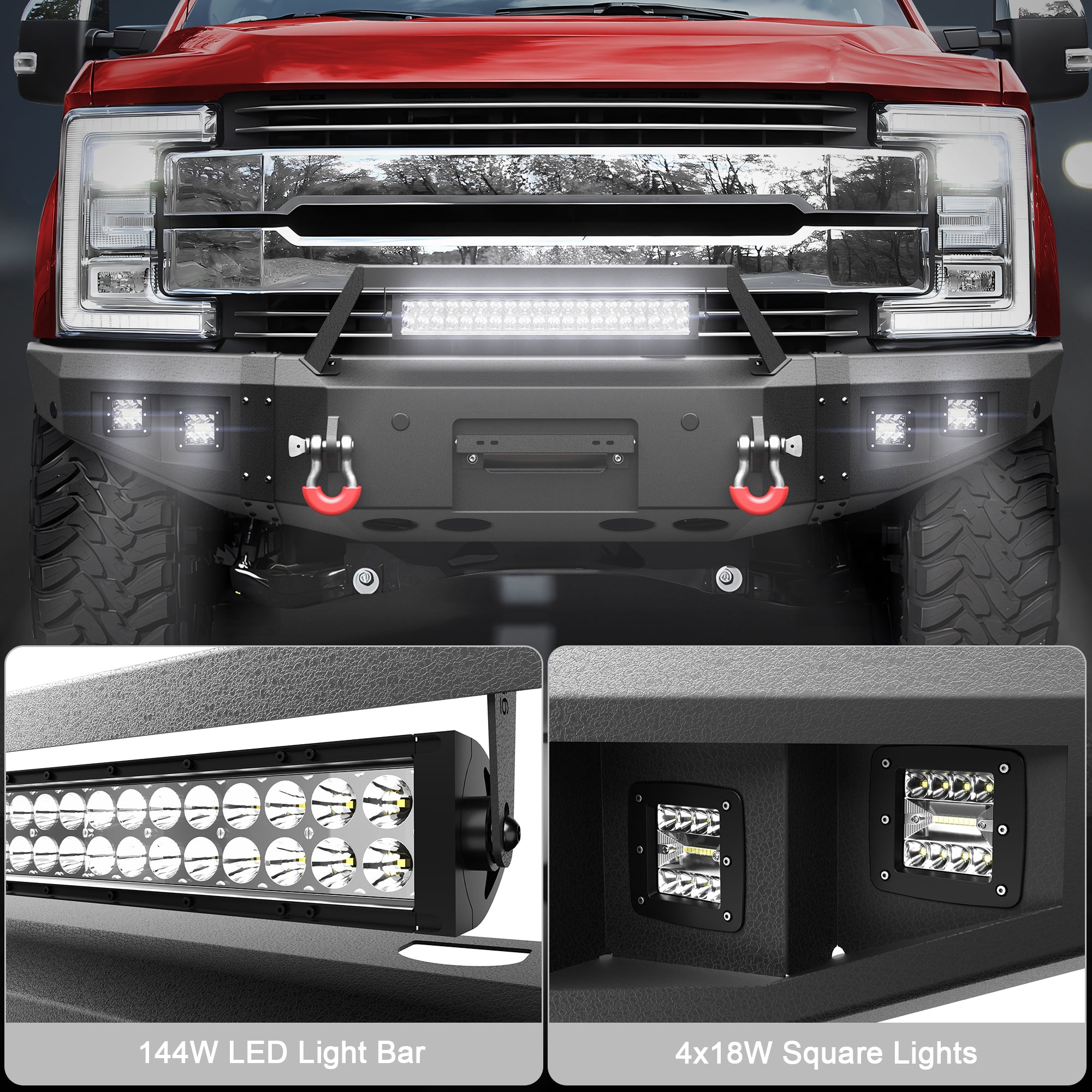 for F250 F350 F450 Front Bumper Compatible with 2017 2018 2019 2020 2021 2022 Ford F250 F350 F450 Super Duty with Winch Plate, LED Lights & D-rings, License Plate Bracket, Sensor Holes (Textured Black)