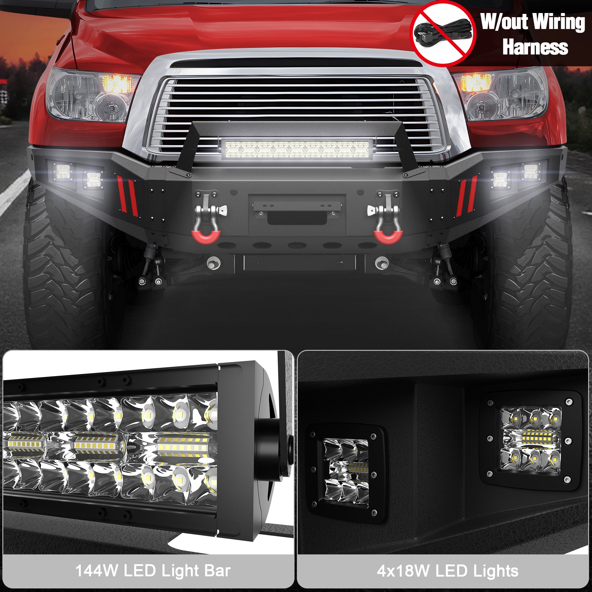 For 2007 - 2013 Toyota Tundra and 2011 - 2016 Toyota Sequoia Steel Front Bumper With Winch Plate&Lights (Black Texture) - Longsunmotor