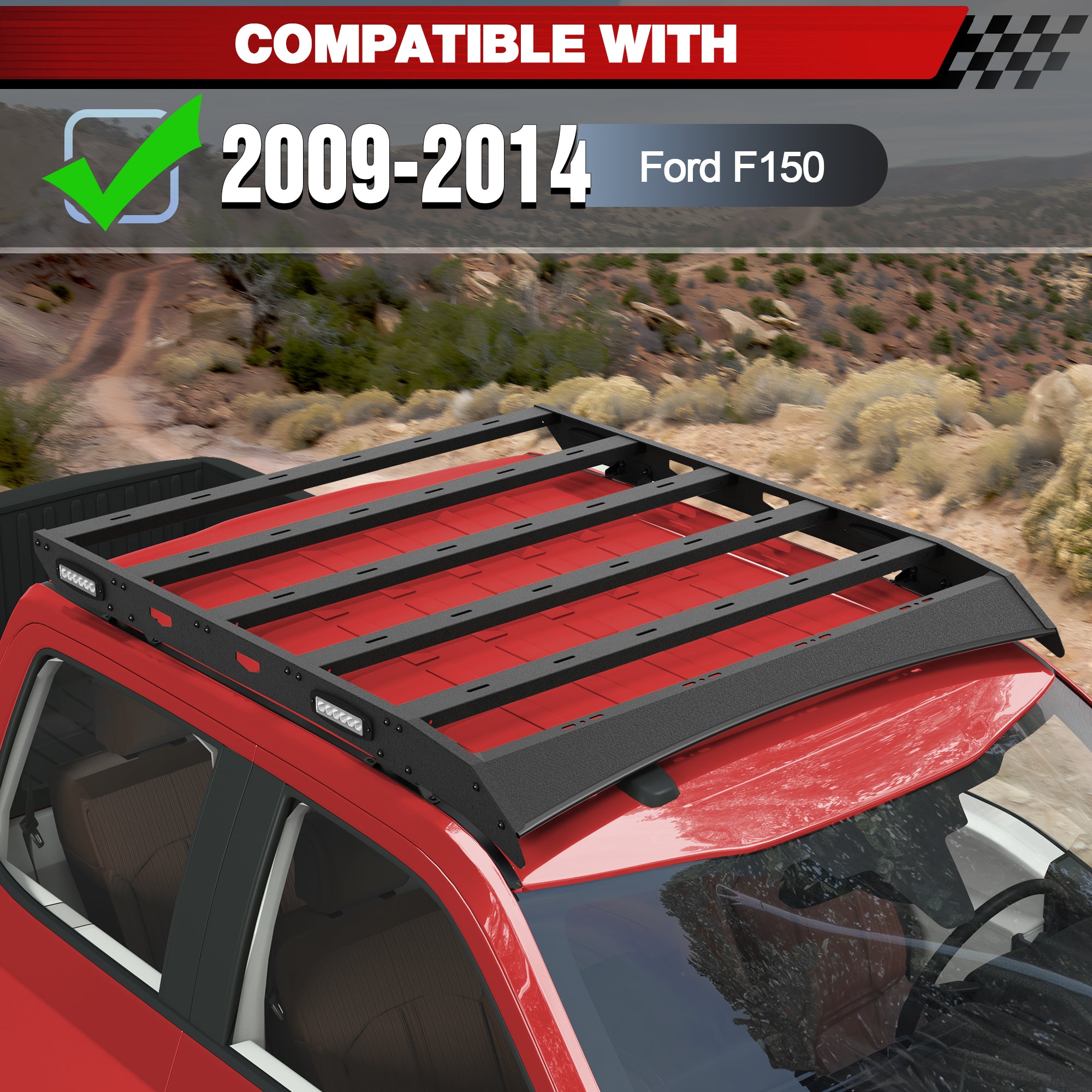 F150 Roof Rack Top Cargo Carrier Luggage Basket for Ford F-150 2009 2010 2011 2012 2013 2014 Pickup Truck with Side LED Lights