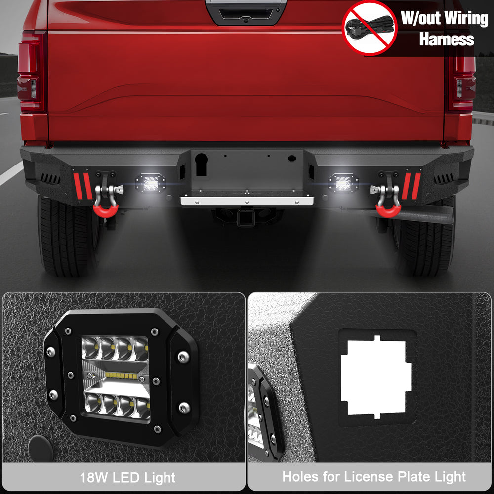 F150 Rear Bumpers Compatible with 2015 - 2025 Ford F150 F - 150 with Sensor Holes, LED Lights & D - rings - Longsunmotor