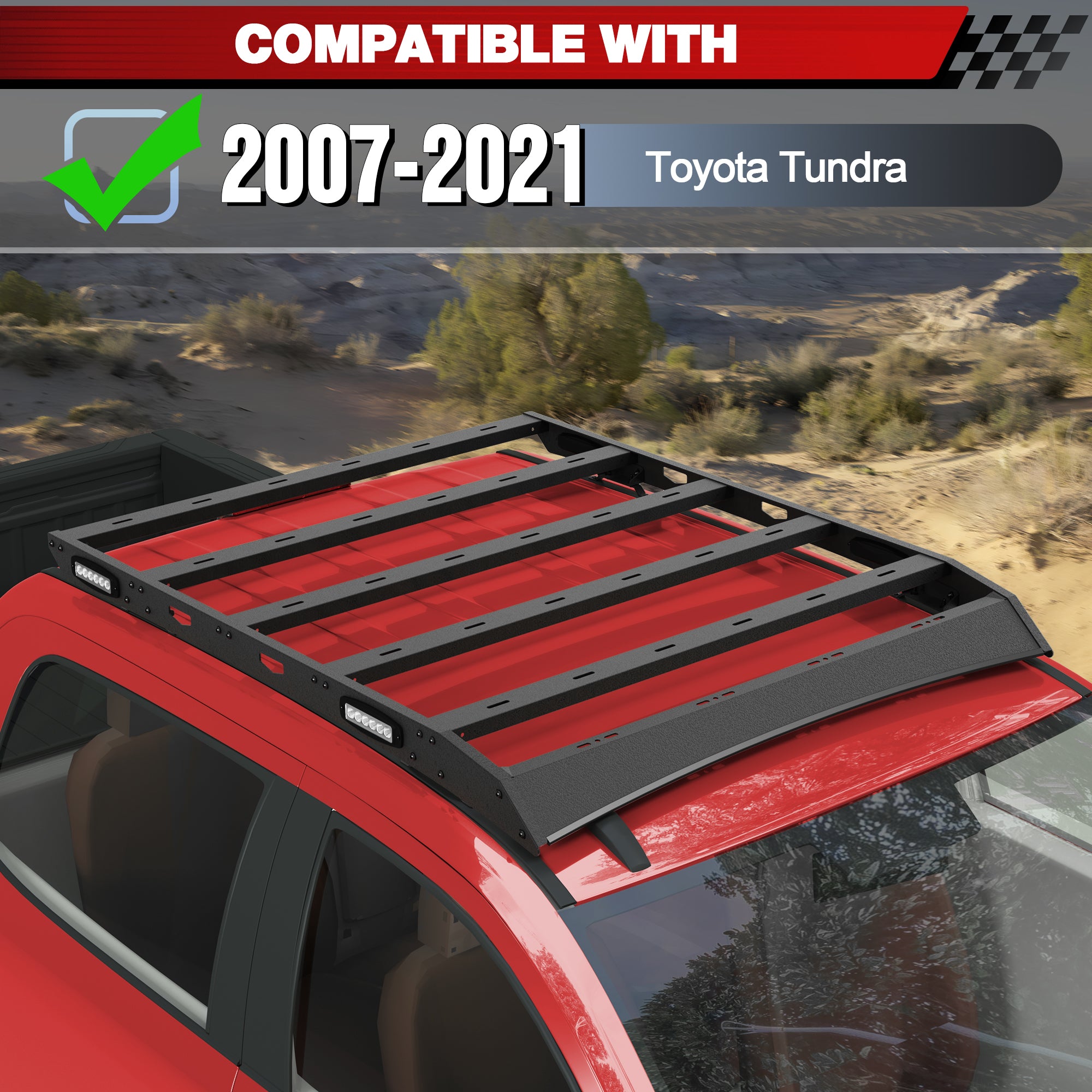 Roof Rack Cargo Basket Compatible with 2007-2021 Toyota Tundra Crew Max Cab with Side LED Lights Rooftop Truck Cargo Carrier