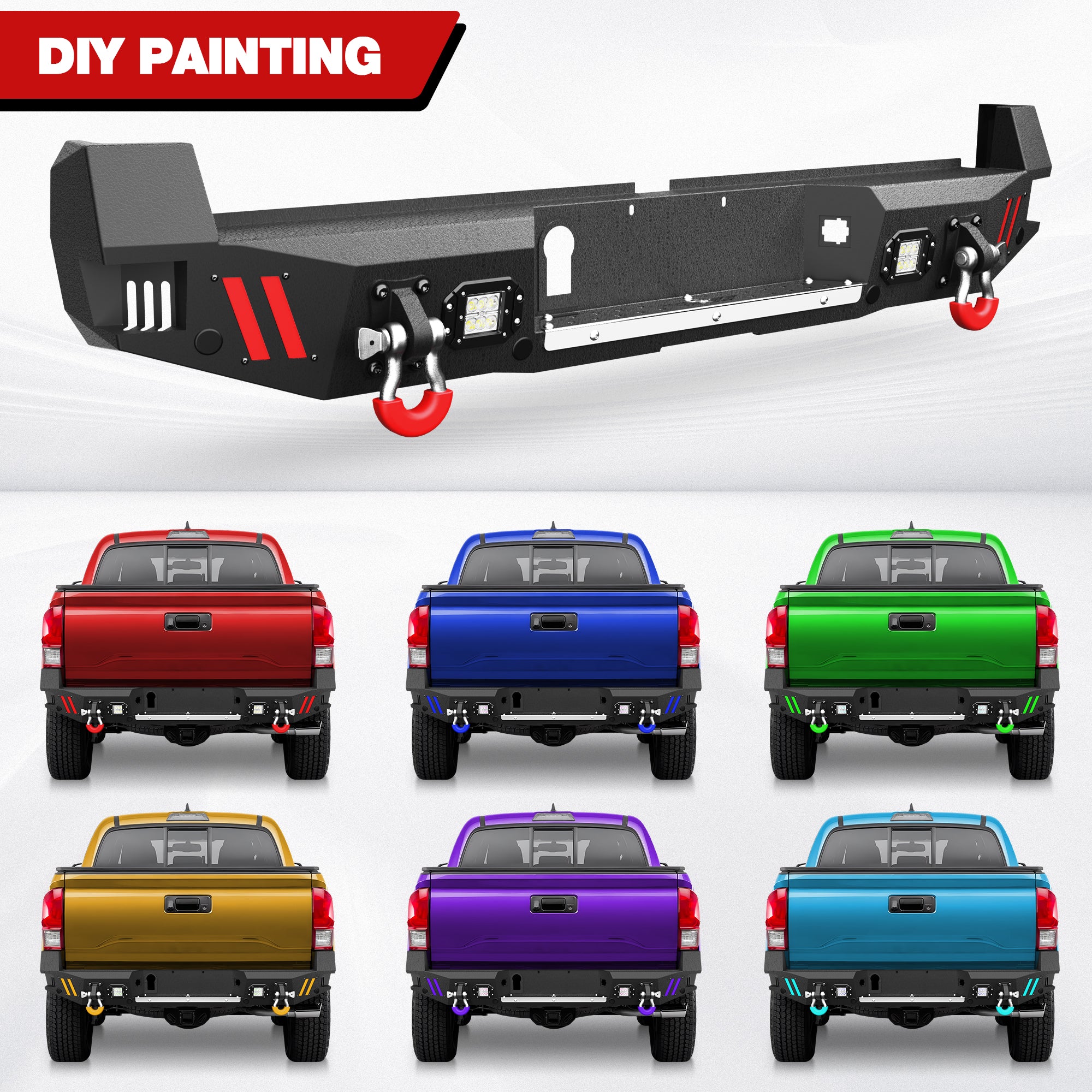 Tacoma Truck Rear Bumper Compatible with 2016-2023 Toyota Tacoma with Skid Plate, Lights & D-rings