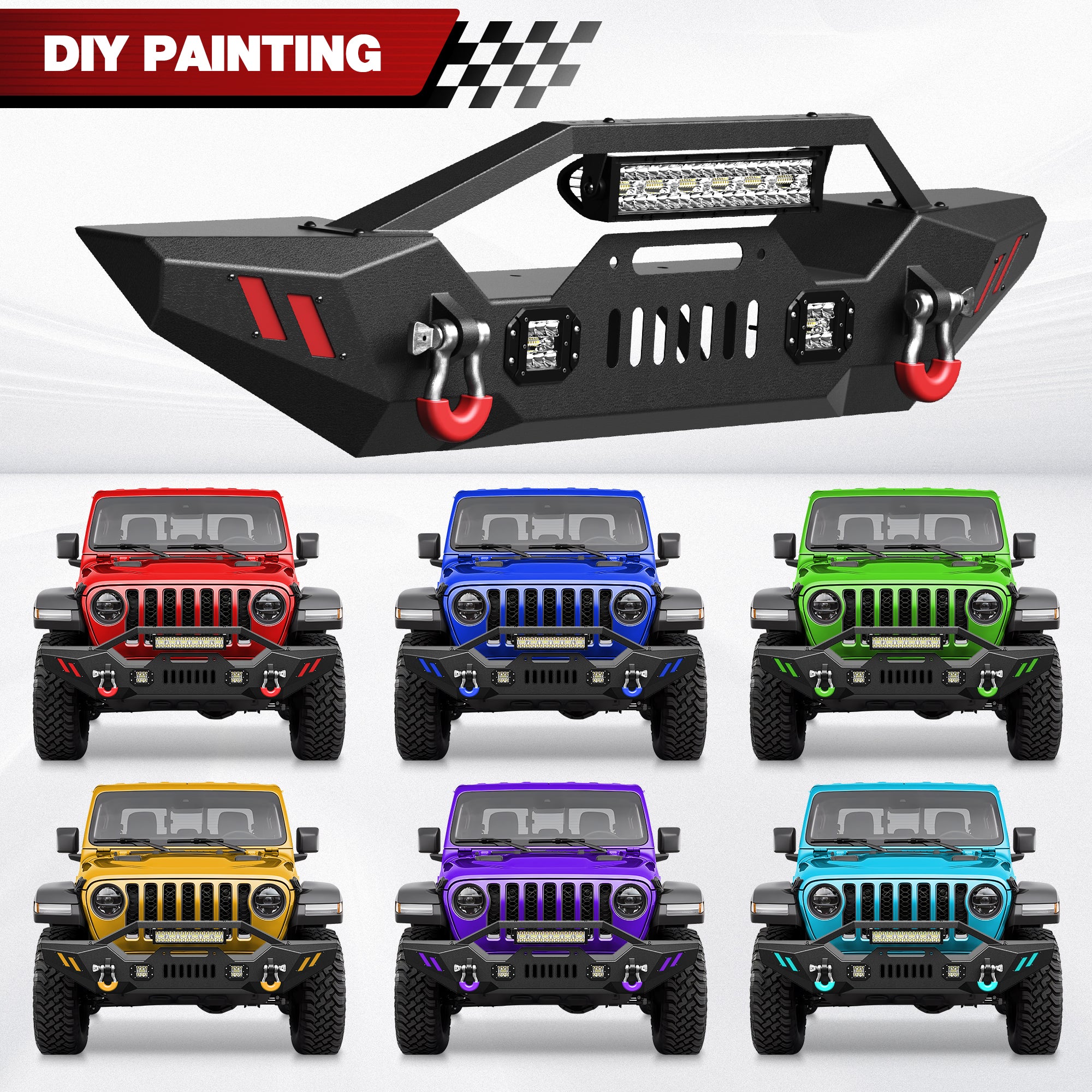 Front Bumper Compatible with 2007 - 2018 Jeep Wrangler JK JKU, 2019 - 2024 Jeep Wrangler JL/JLU & 2020 - 2024 Jeep Gladiator JT W/Winch Plate & Lights D - rings - Longsunmotor