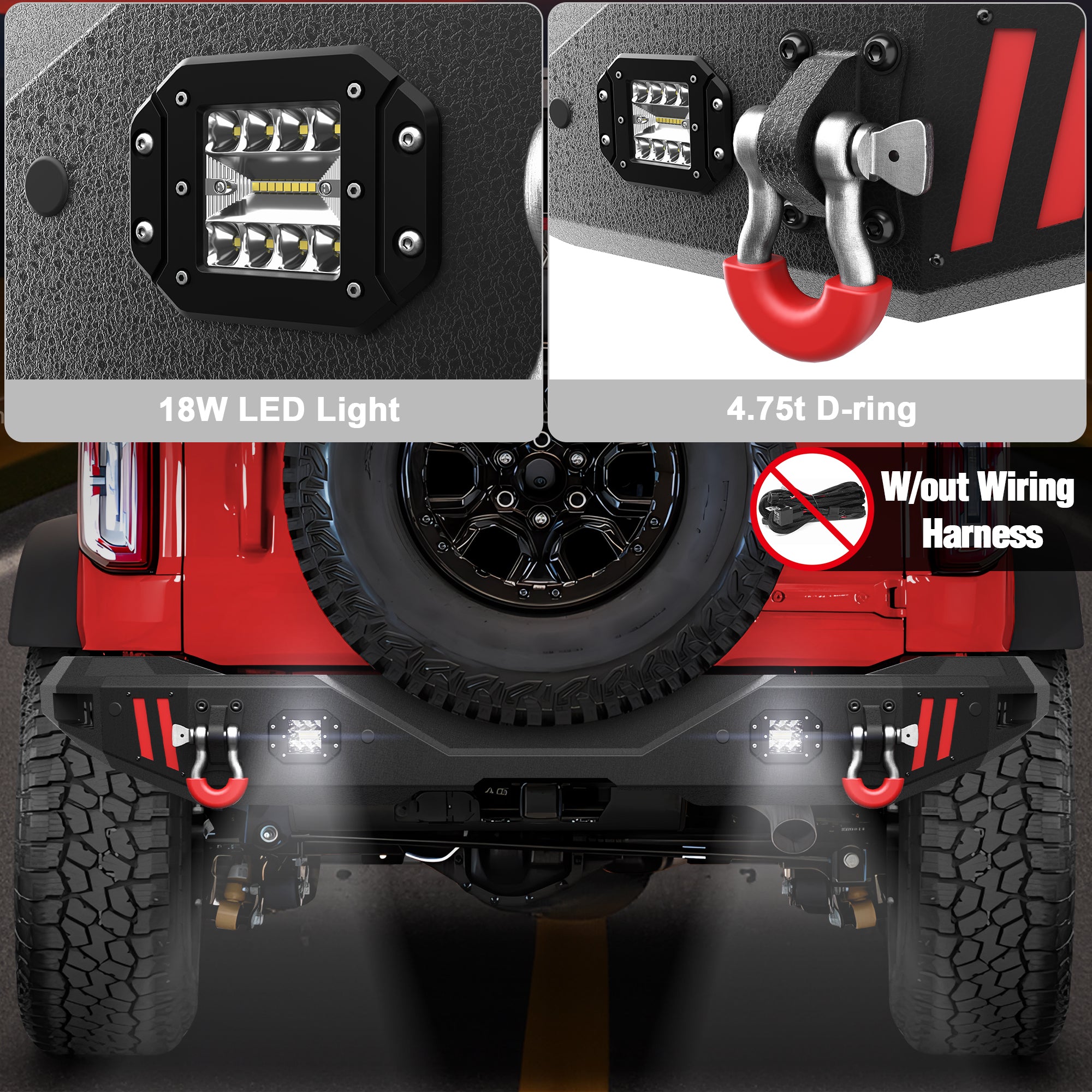Off Road Bronco Rear Bumper Fit for Ford Bronco 2021 2022 2023 2024 2025 (Not for Sport or Raptor) Full Width Steel Rear Bumper with Lights and D-rings