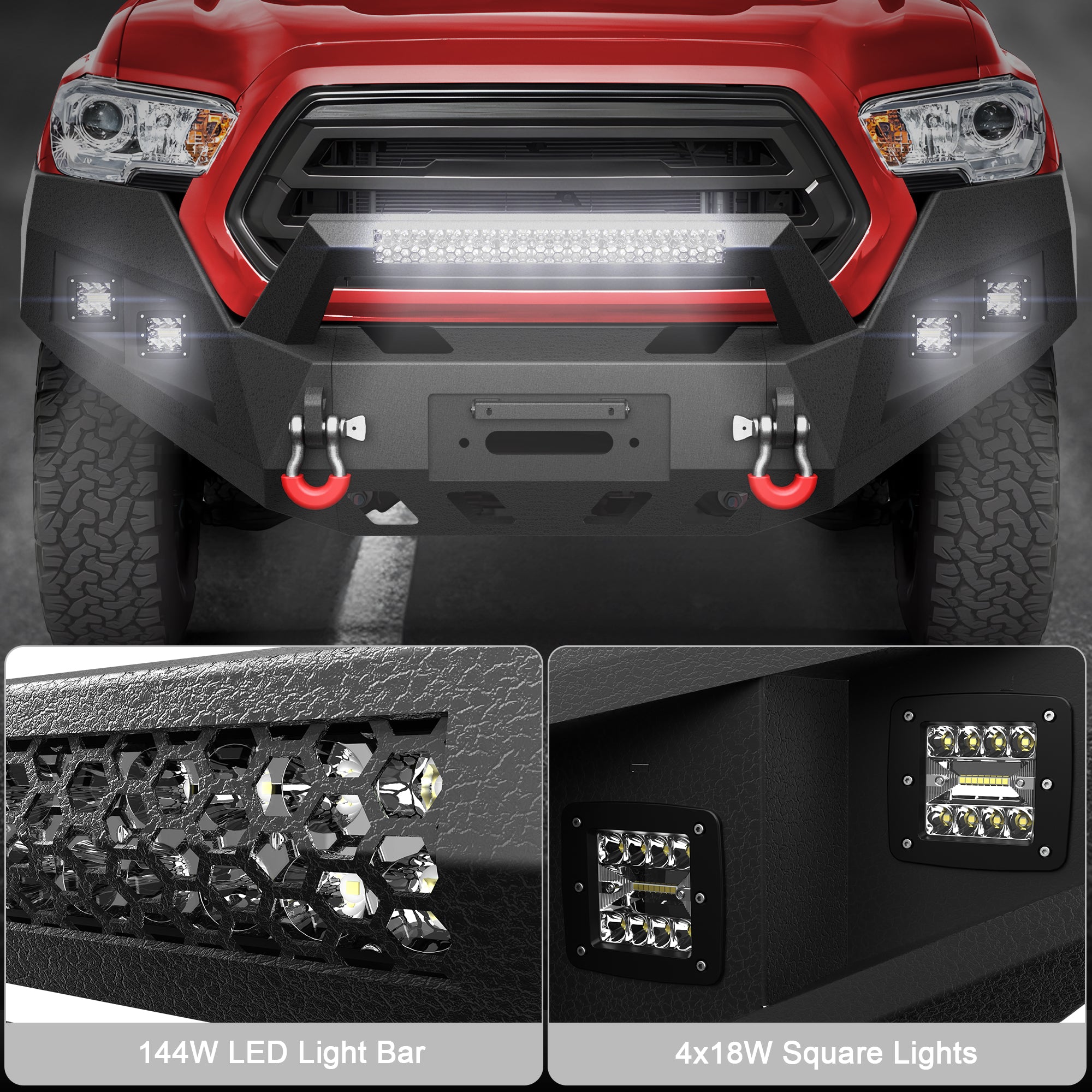 Tacoma Front Bumper Assembly Compatible with 2016-2017-2018-2019-2020-2021-2022-2023 Toyota Tacoma 3rd Gen w/LED Light & D-ring & Winch Plate