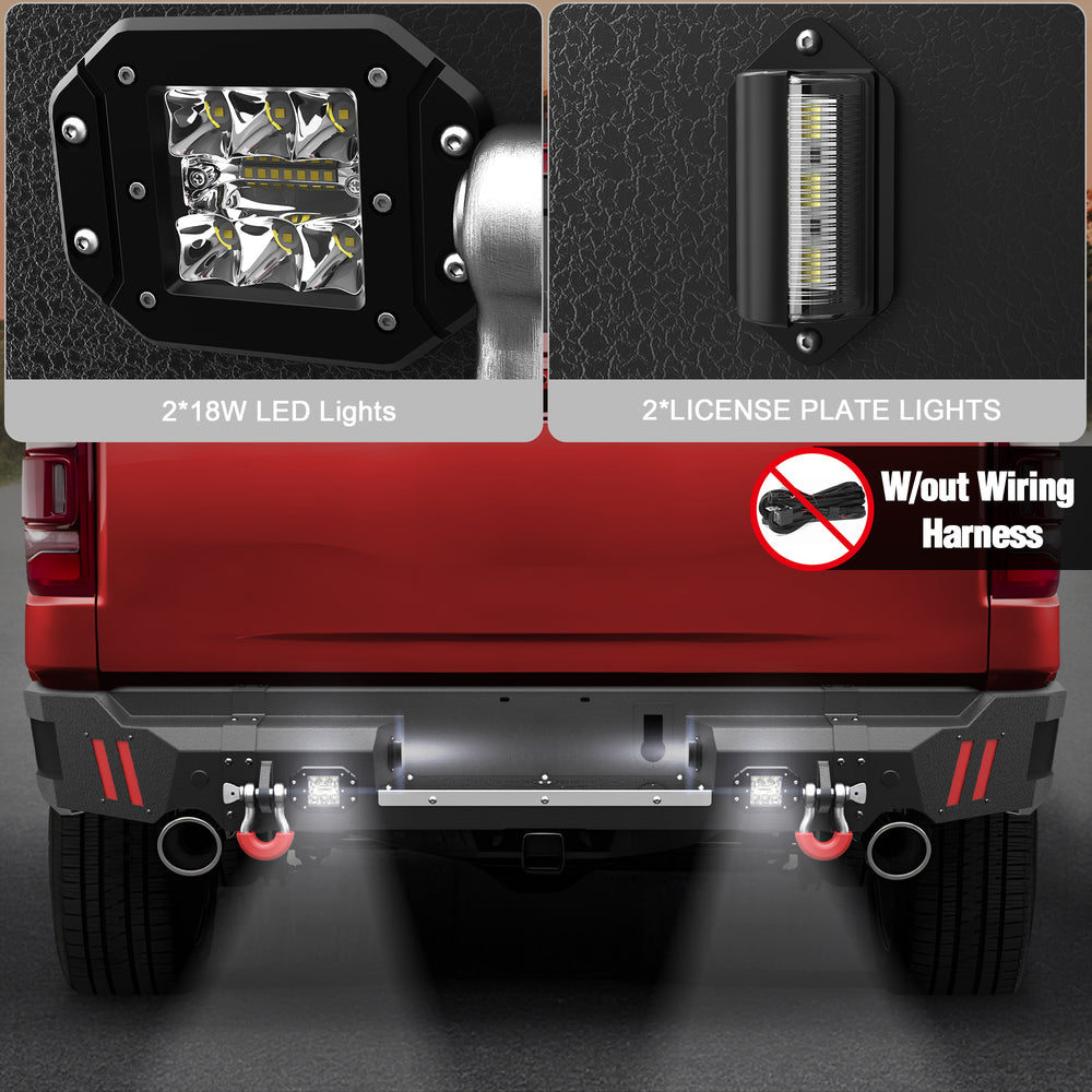 Ram Rear Bumper for 2019 2020 2021 2022 2023 2024 2025 Ram 1500 Solid Steel Offroad Back Bumper w/LED Lights (Exclude Classic) - Longsunmotor