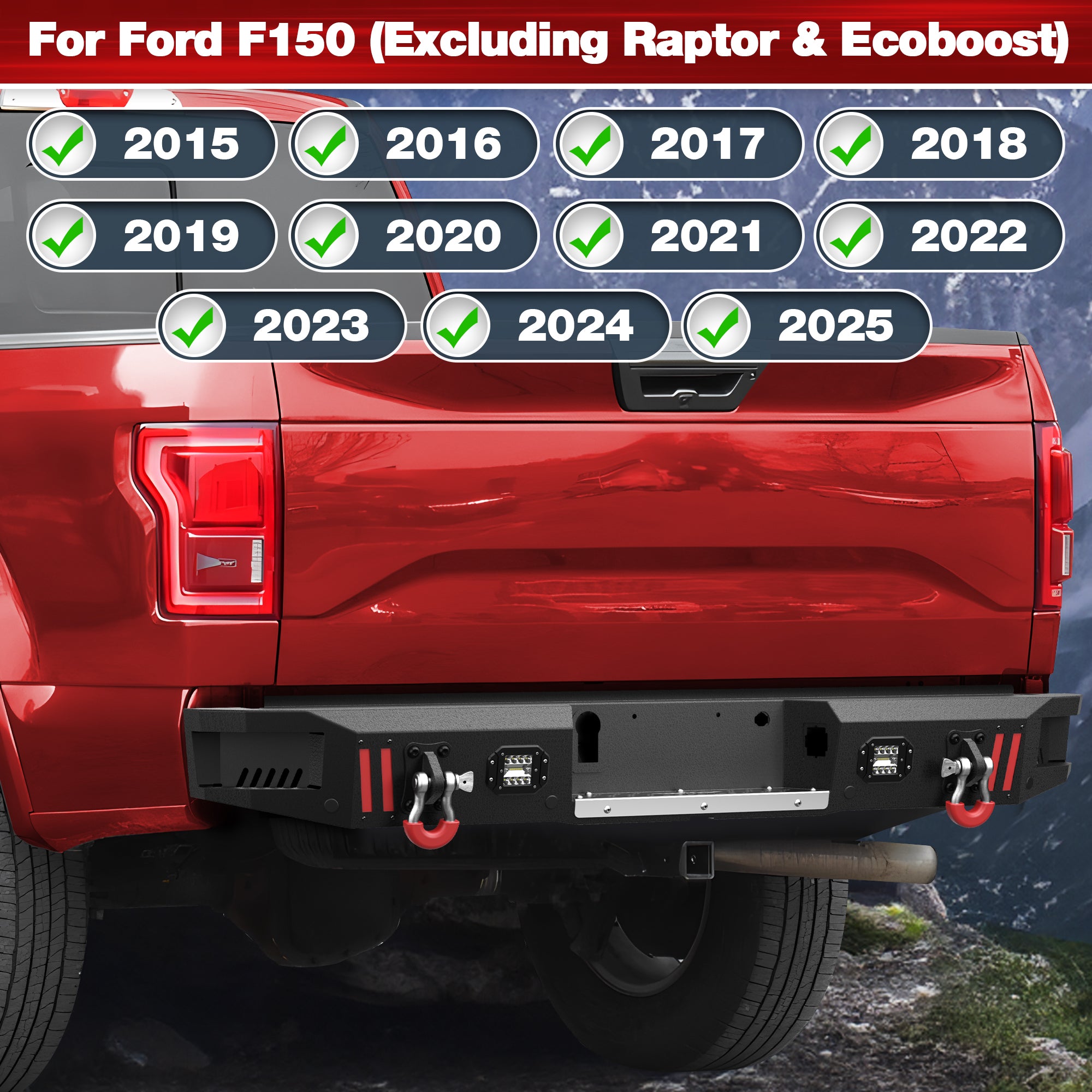 F150 Rear Bumpers Compatible with 2015 - 2025 Ford F150 F - 150 with Sensor Holes, LED Lights & D - rings - Longsunmotor