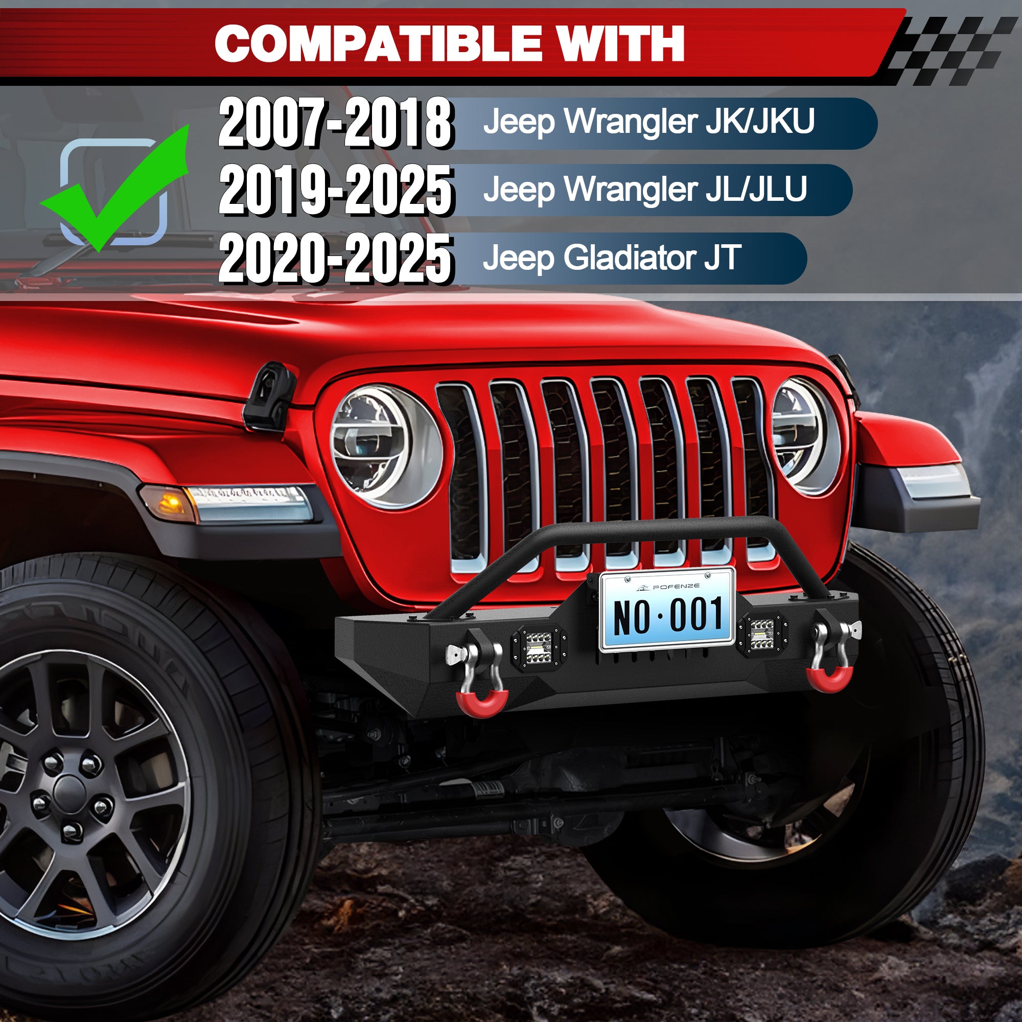 for Jeep JK Front Bumpers Compatible with 2007-2018 Jeep Wrangler JK JKU, 2019-2025 Jeep Wrangler JL/JLU & 2020-2025 Jeep Gladiator JT