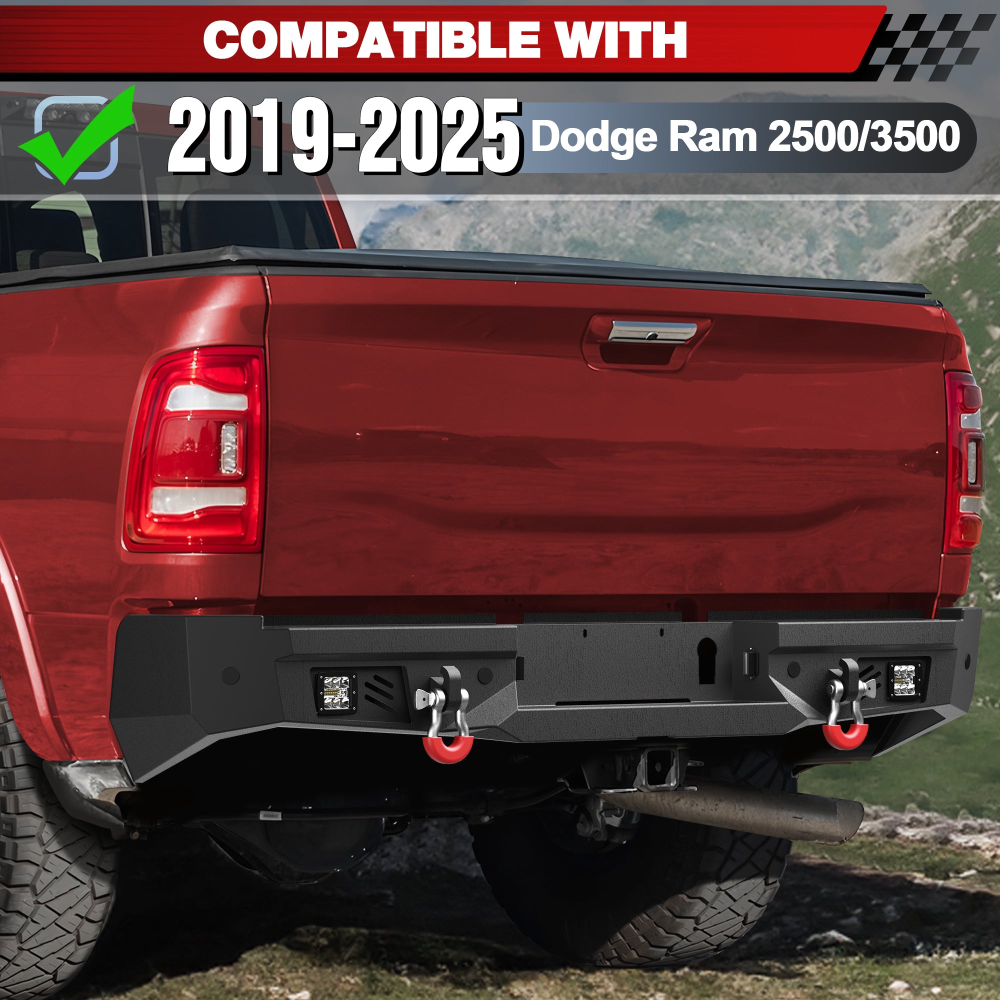 Off Road Rear Bumper Fit 2019-2025 Dodge Ram 2500 3500 Heavy Duty Steel Step Bumper