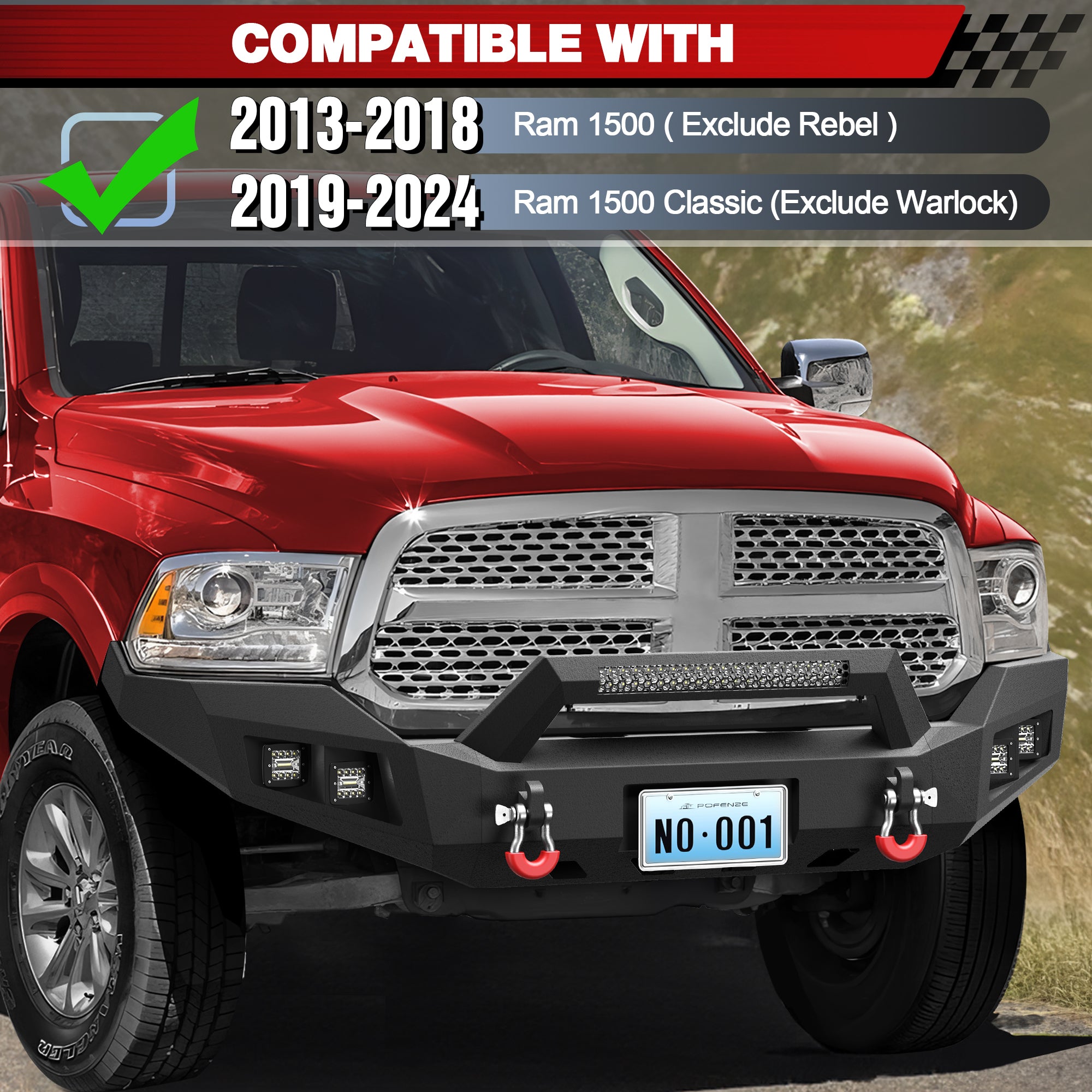 For Ram 1500 Front Bumper Compatible with 2013-2018 Ram 1500 (Exclude Rebel) and 2019-2024 Ram 1500 Classic (Exclude Warlock)
