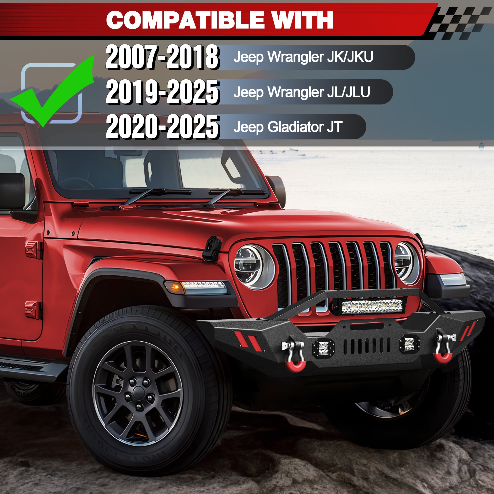 Front Bumper Compatible with 2007 - 2018 Jeep Wrangler JK JKU, 2019 - 2024 Jeep Wrangler JL/JLU & 2020 - 2024 Jeep Gladiator JT W/Winch Plate & Lights D - rings - Longsunmotor