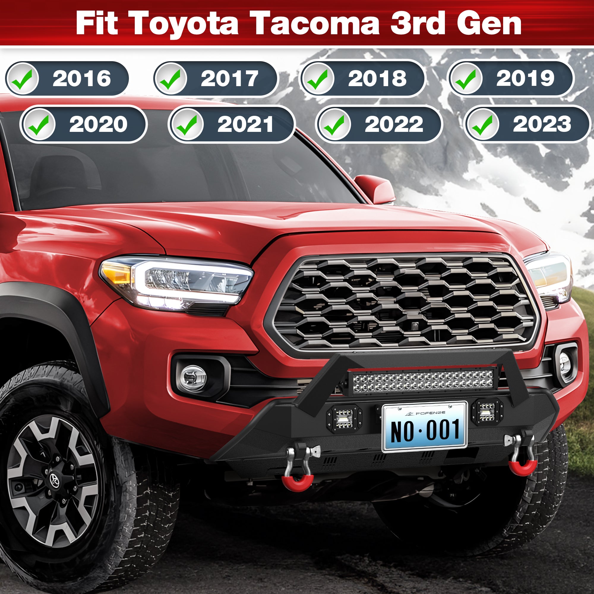 Front Stubby Bumper Compatible for 2016 2017 2018 2019 2020 2021 2022 2023 Toyota Tacoma 3rd Gen with Winch Plate, Skid Plate, LED Lights & D-rings
