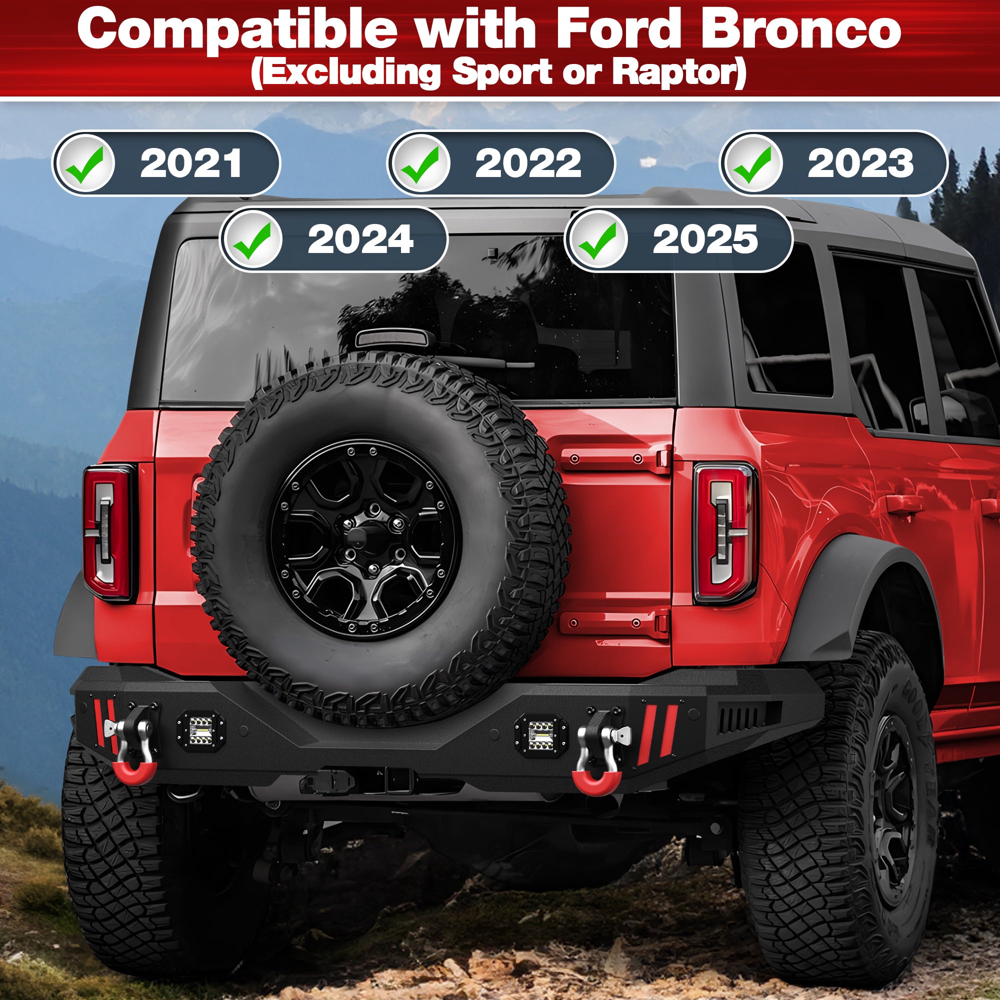 Off Road Bronco Rear Bumper Fit for Ford Bronco 2021 2022 2023 2024 2025 (Not for Sport or Raptor) Full Width Steel Rear Bumper with Lights and D-rings