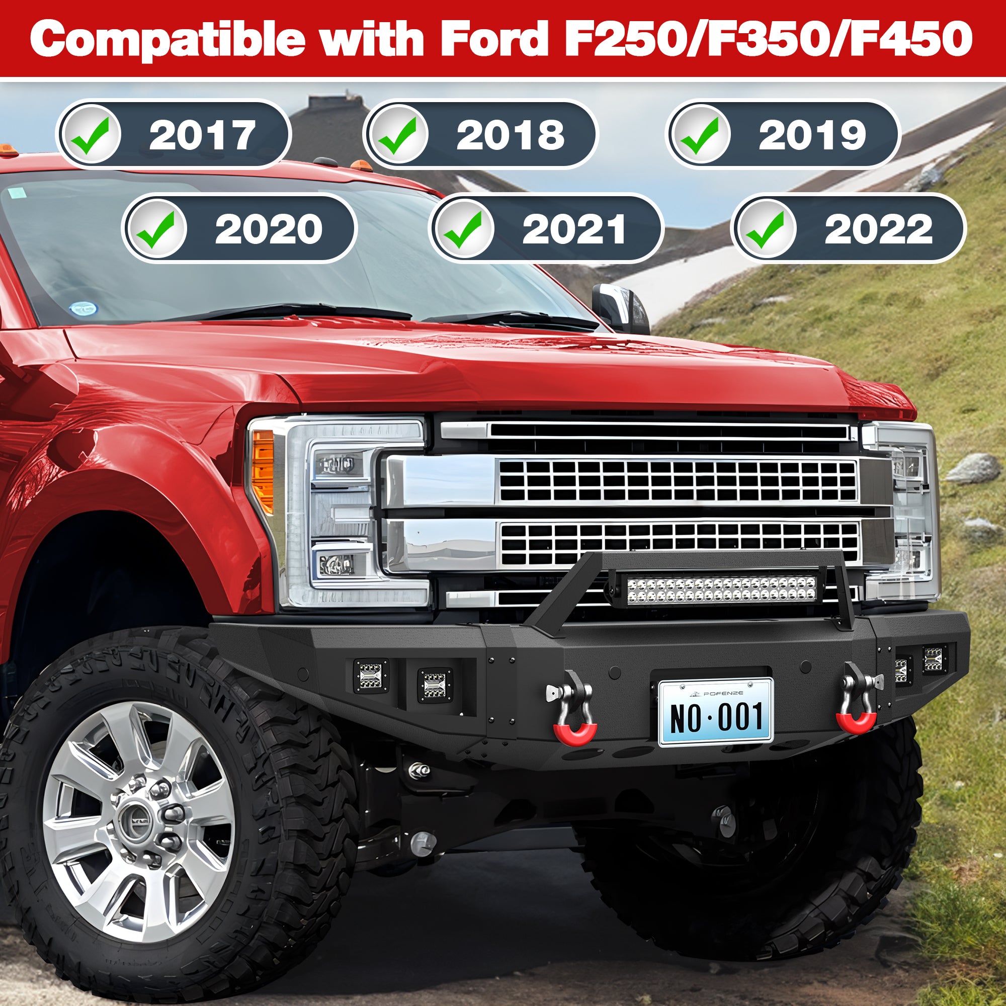 for F250 F350 F450 Front Bumper Compatible with 2017 2018 2019 2020 2021 2022 Ford F250 F350 F450 Super Duty with Winch Plate, LED Lights & D-rings, License Plate Bracket, Sensor Holes (Textured Black)