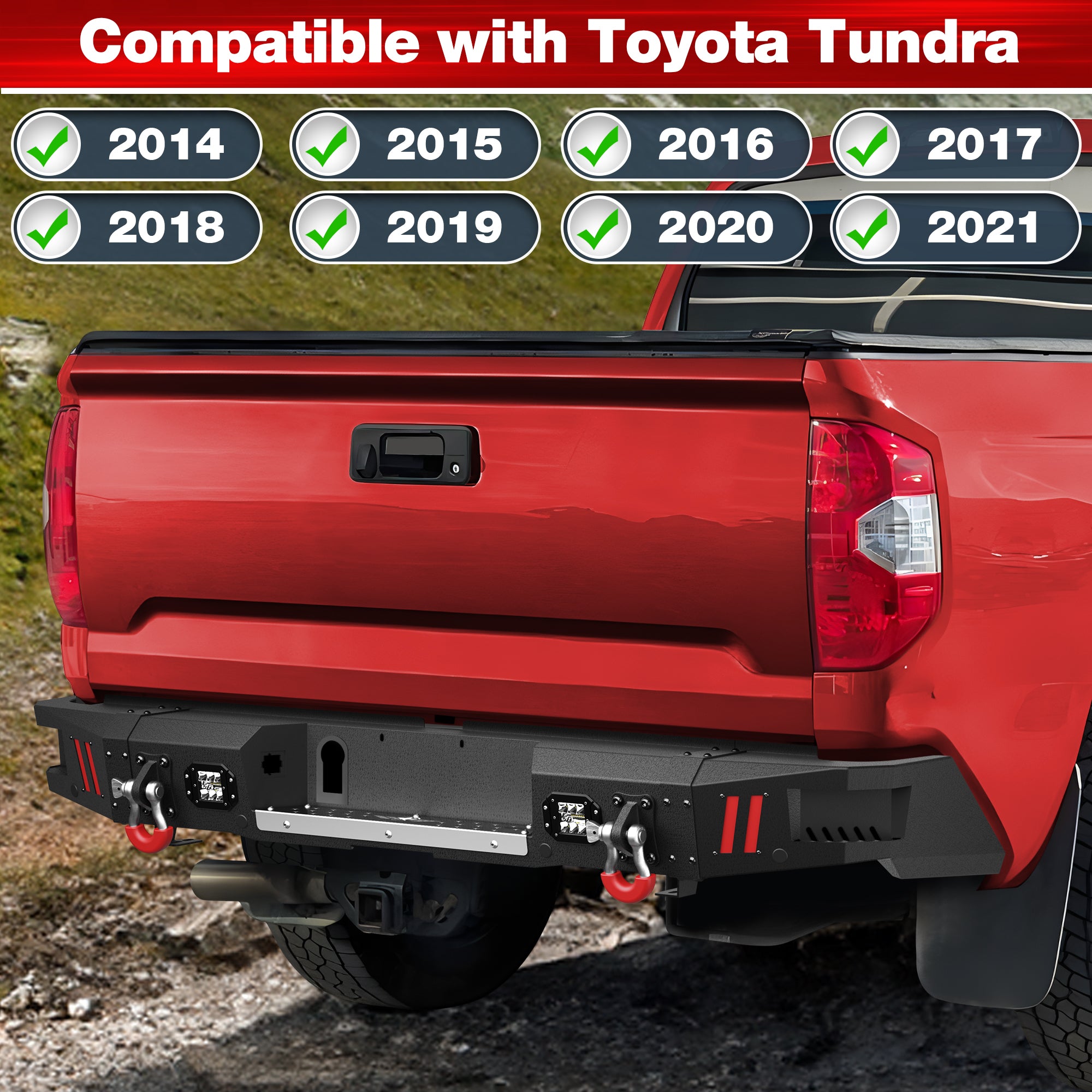Rear Bumpers Compatible with 2014 2015 2016 2017 2018 2019 2020 2021 Toyota Tundra with Sensor Holes, LED Lights & D-rings