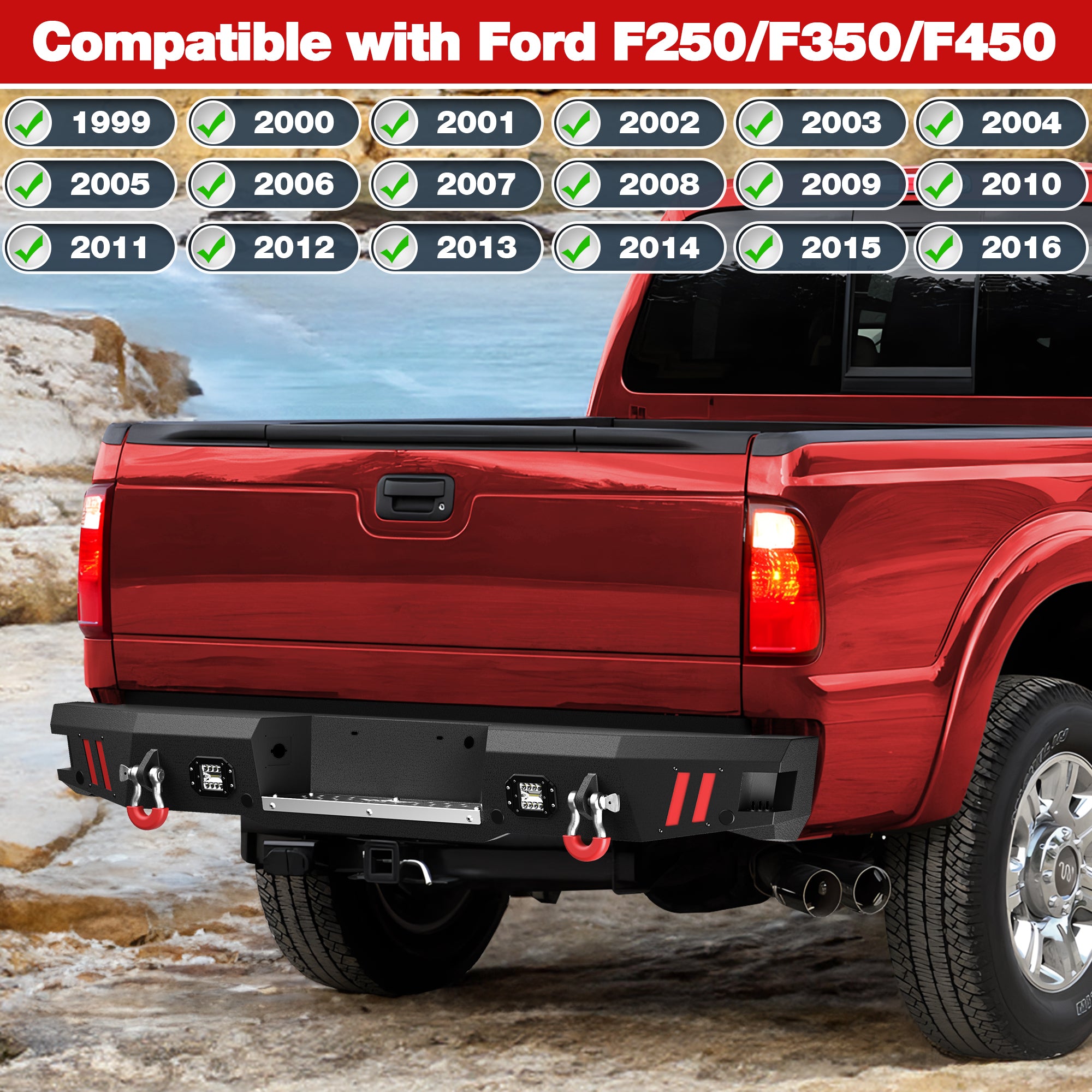 for F250 F350 F450 Rear Step Bumper Compatible with 1999 - 2016 Ford F250 F350 F450 Super Duty Pickup Truck Bumper with Lights & D - rings - Longsunmotor