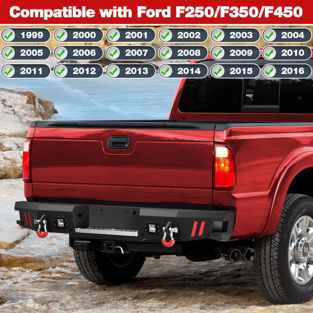 for F250 F350 F450 Rear Step Bumper Compatible with 1999 - 2016 Ford F250 F350 F450 Super Duty Pickup Truck Bumper with Lights & D - rings - Longsunmotor