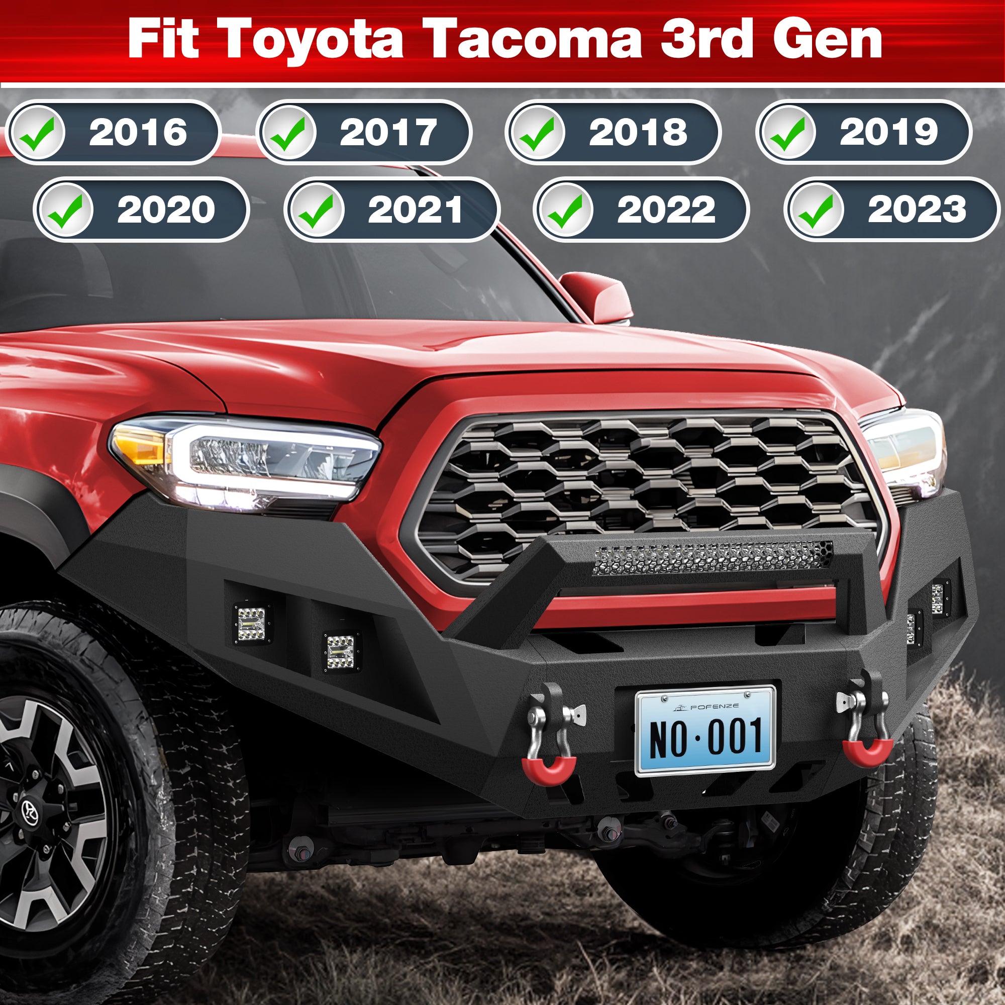 Tacoma Front Bumper Assembly Compatible with 2016-2017-2018-2019-2020-2021-2022-2023 Toyota Tacoma 3rd Gen w/LED Light & D-ring & Winch Plate