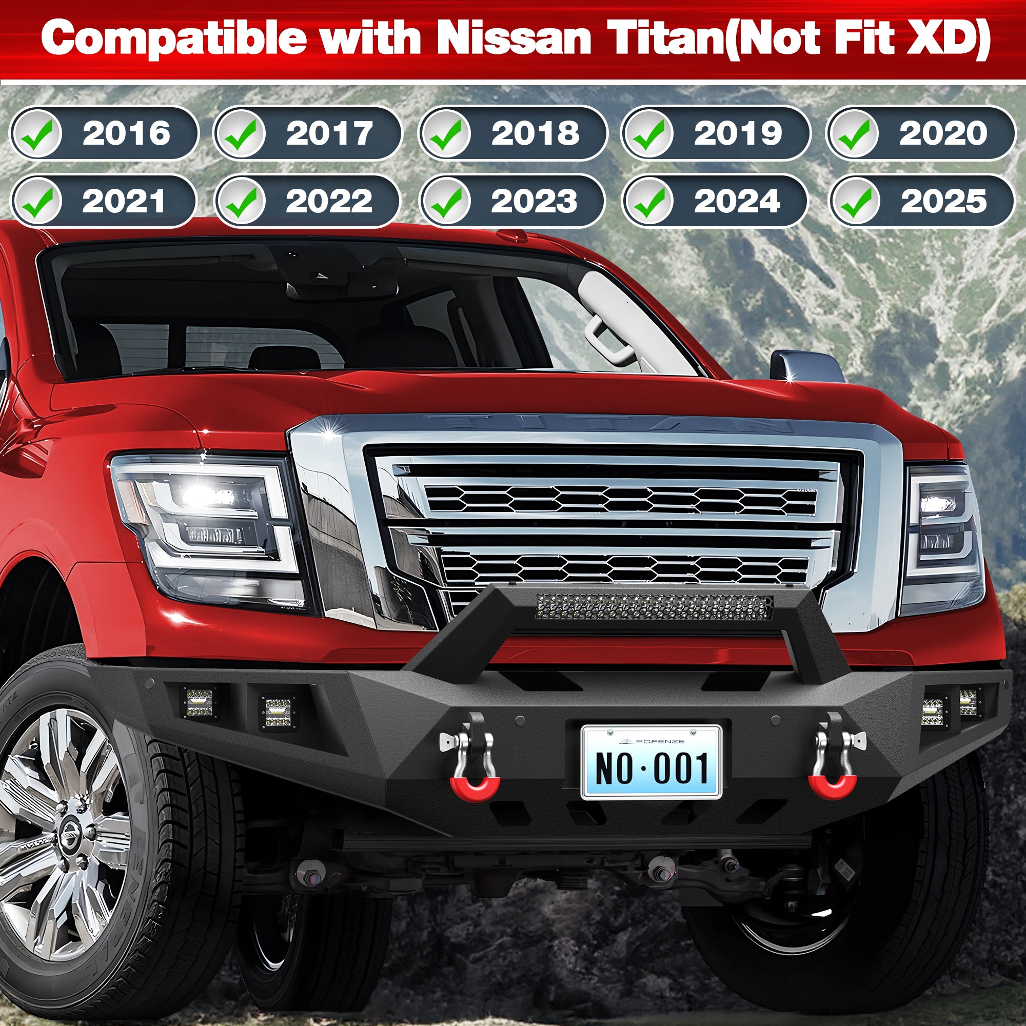 For Titan Pickup Truck Full Width Front Bumper Compatible with 2016-2025 Nissan Titan (Excluding Titan XD) with LED Lights, Winch Plate, Sensor Holes & D-rings