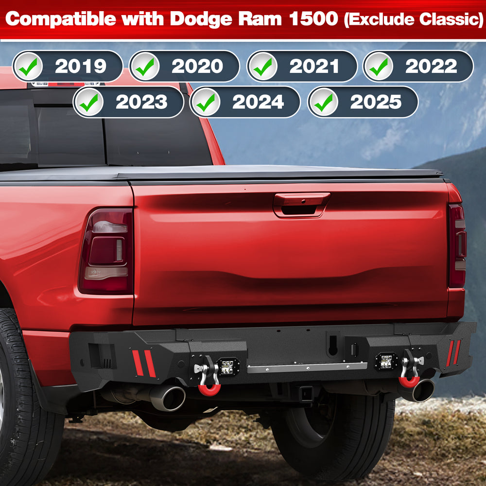 Ram Rear Bumper for 2019 2020 2021 2022 2023 2024 2025 Ram 1500 Solid Steel Offroad Back Bumper w/LED Lights (Exclude Classic) - Longsunmotor