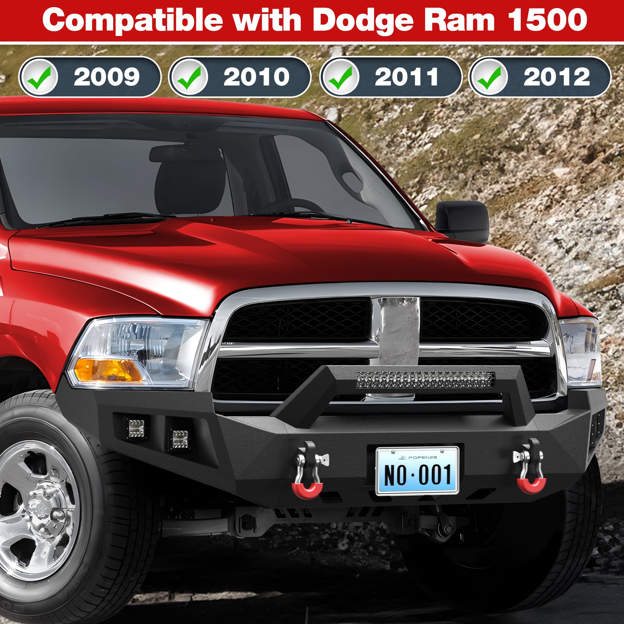 for Ram 1500 Front Bumper Compatible with 2009 2010 2011 2012 Dodge Ram 1500 Pickup Truck Bumper with Winch Plate, Sensor Holes & D-rings, Black