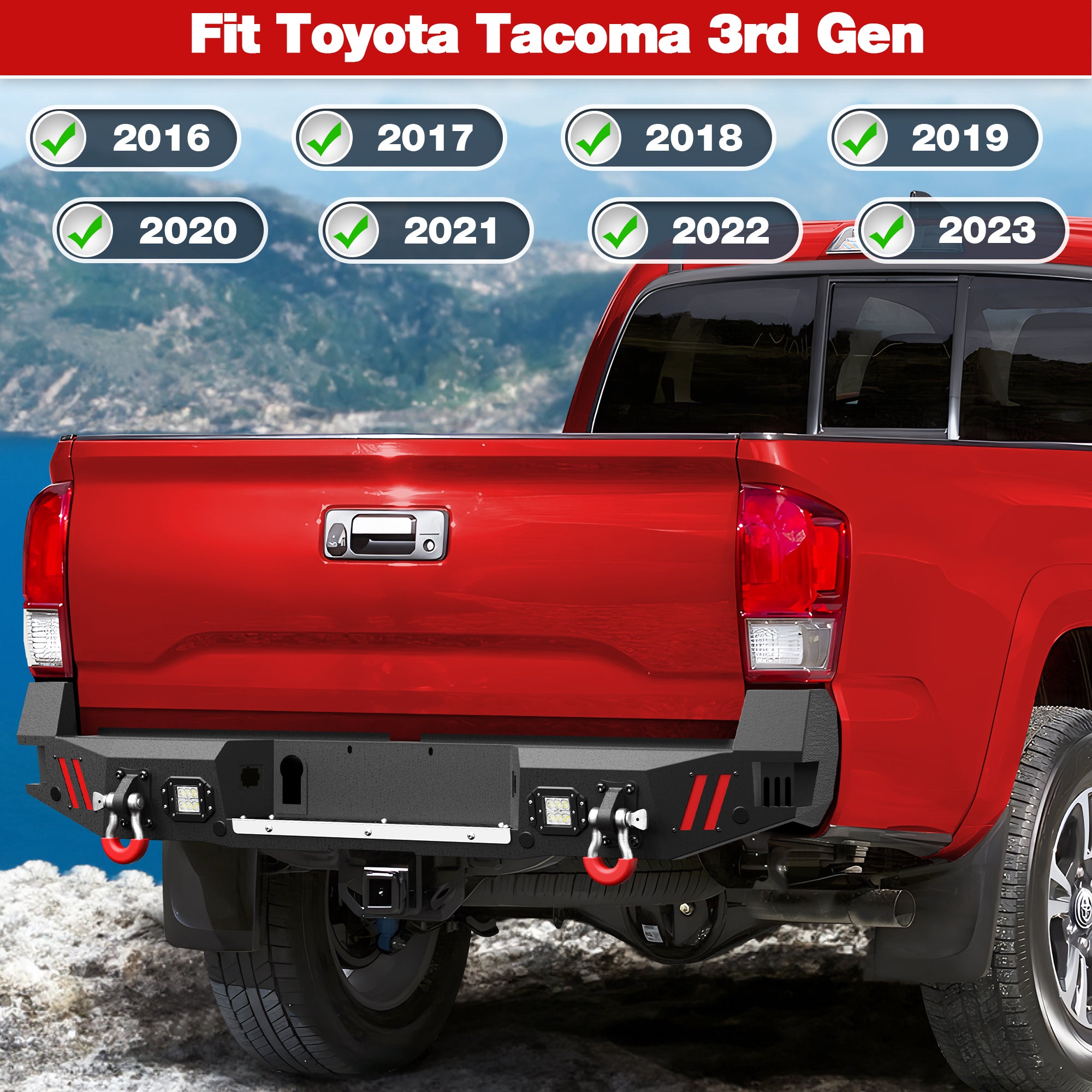 Tacoma Truck Rear Bumper Compatible with 2016-2023 Toyota Tacoma with Skid Plate, Lights & D-rings