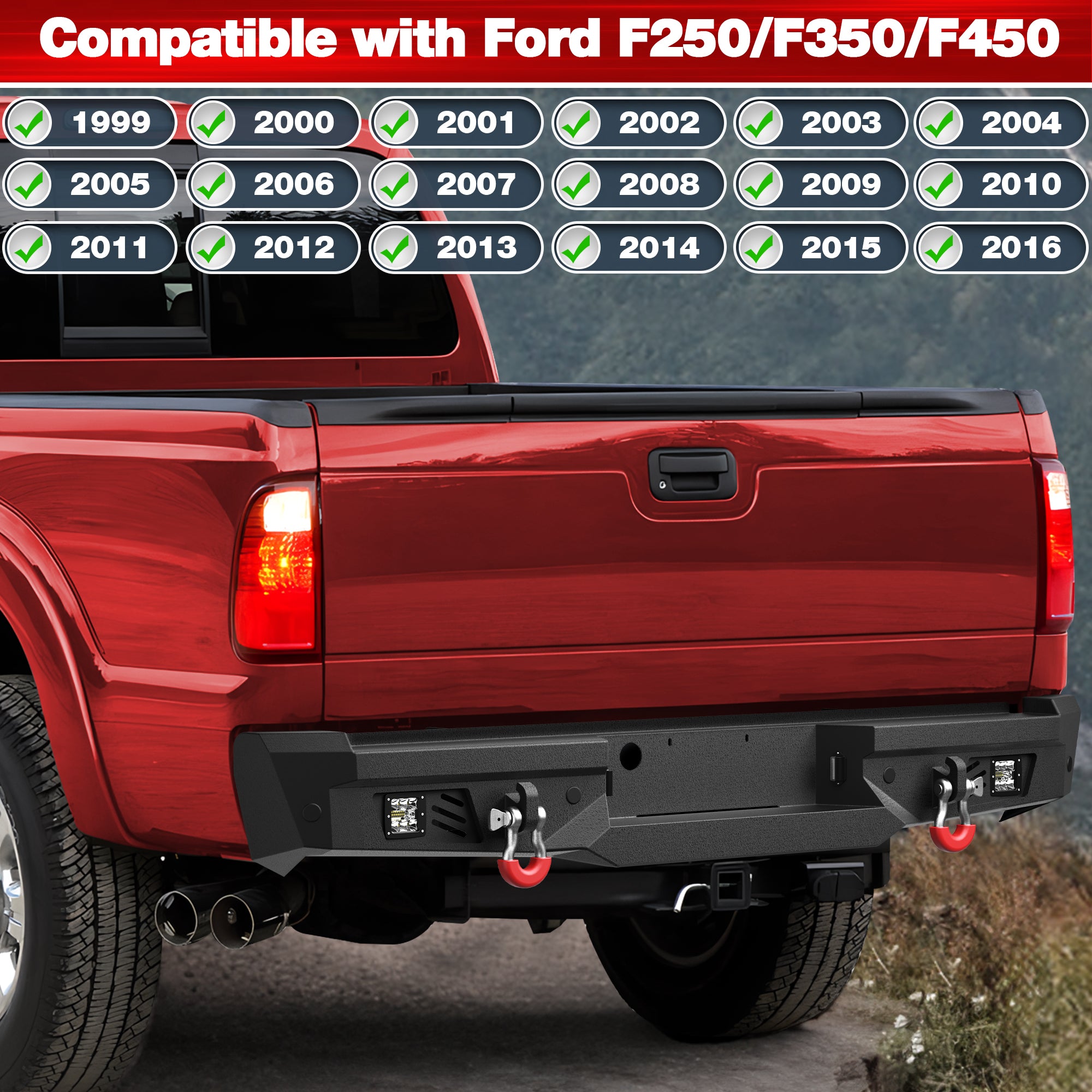 For 1999-2016 F250 Rear Bumper for 1999-2016 Ford F250 F350 Pickup Trucks Heavy Duty Steel Offroad Bumper with LED Lights and D-Ring Mounts